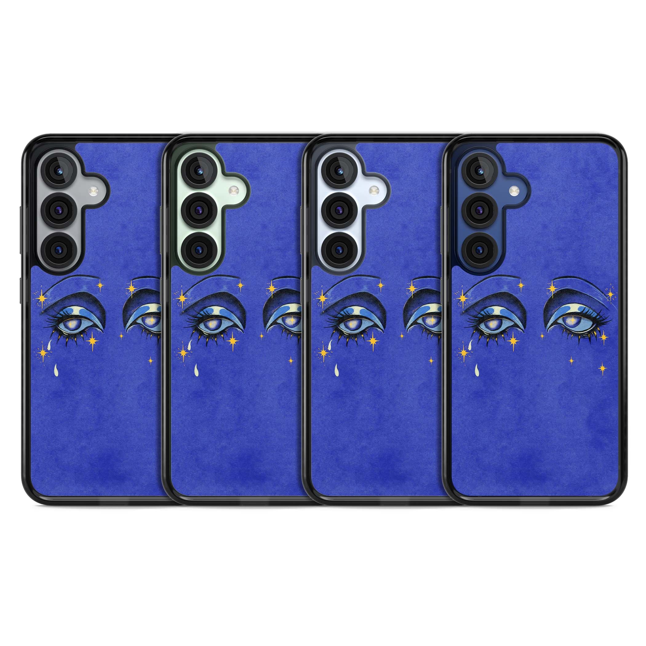 Blue Mystic Eyes celestial iPhone case featuring hand drawn blue mystical eyes, golden stars and a painted tear on indigo | Black Impact case for Samsung Galaxy S25, Samsung Galaxy S25 Plus