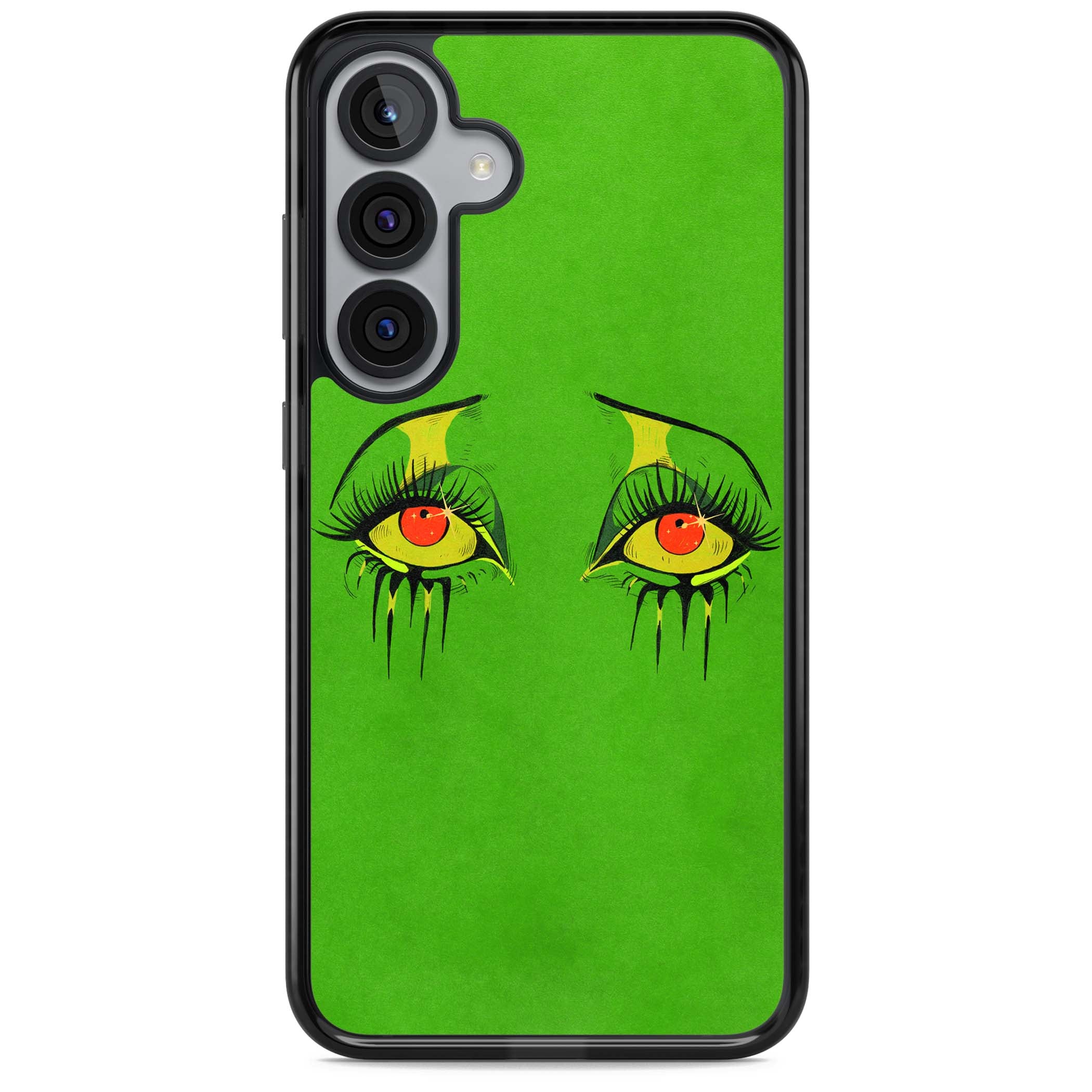 Green Enchanted Eyes psychedelic art iPhone case featuring hand-drawn dripping eyes on neon green background | Black Impact case for Samsung Galaxy S25, Samsung Galaxy S25 Plus