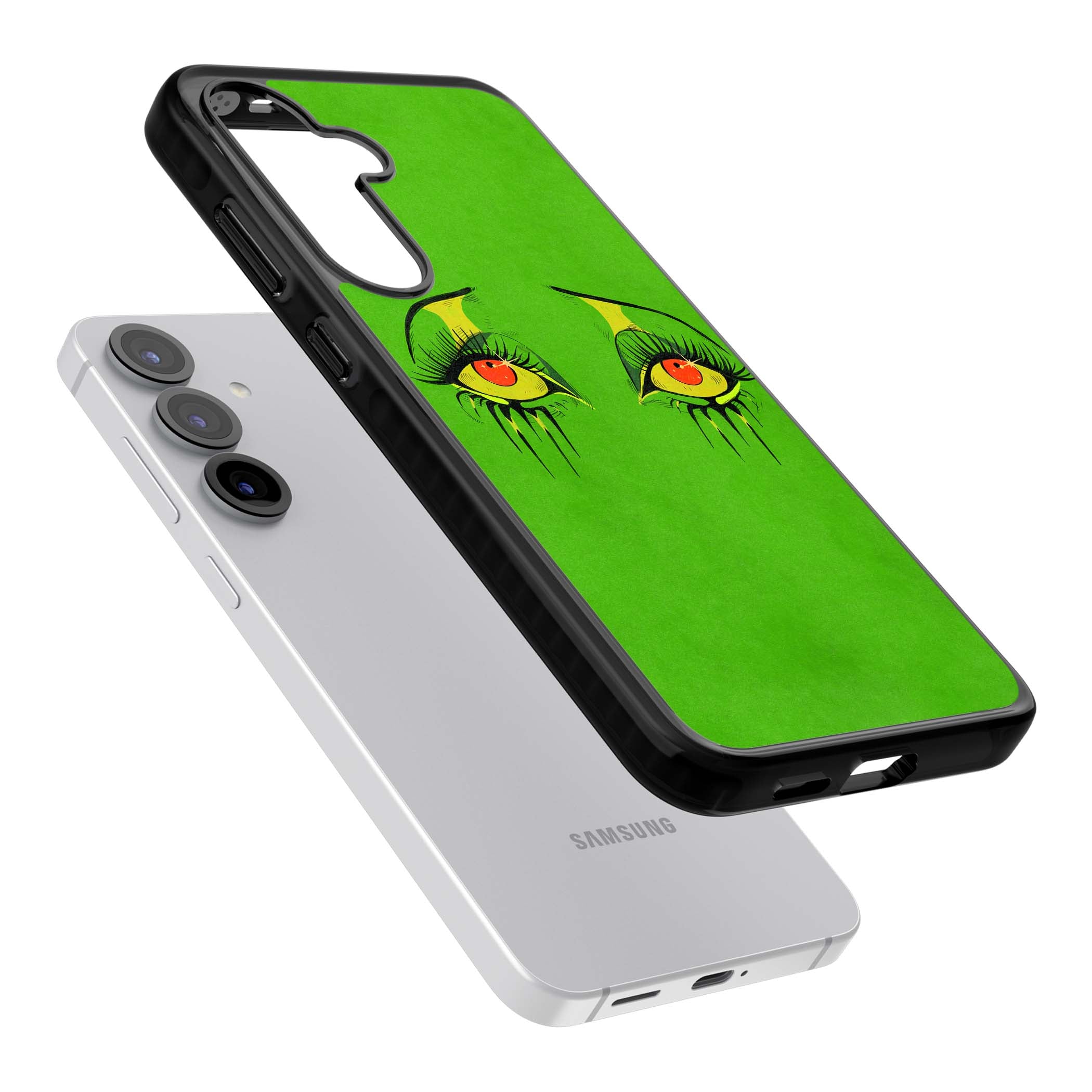 Green Enchanted Eyes psychedelic art iPhone case featuring hand-drawn dripping eyes on neon green background | Black Impact case for Samsung Galaxy S25, Samsung Galaxy S25 Plus