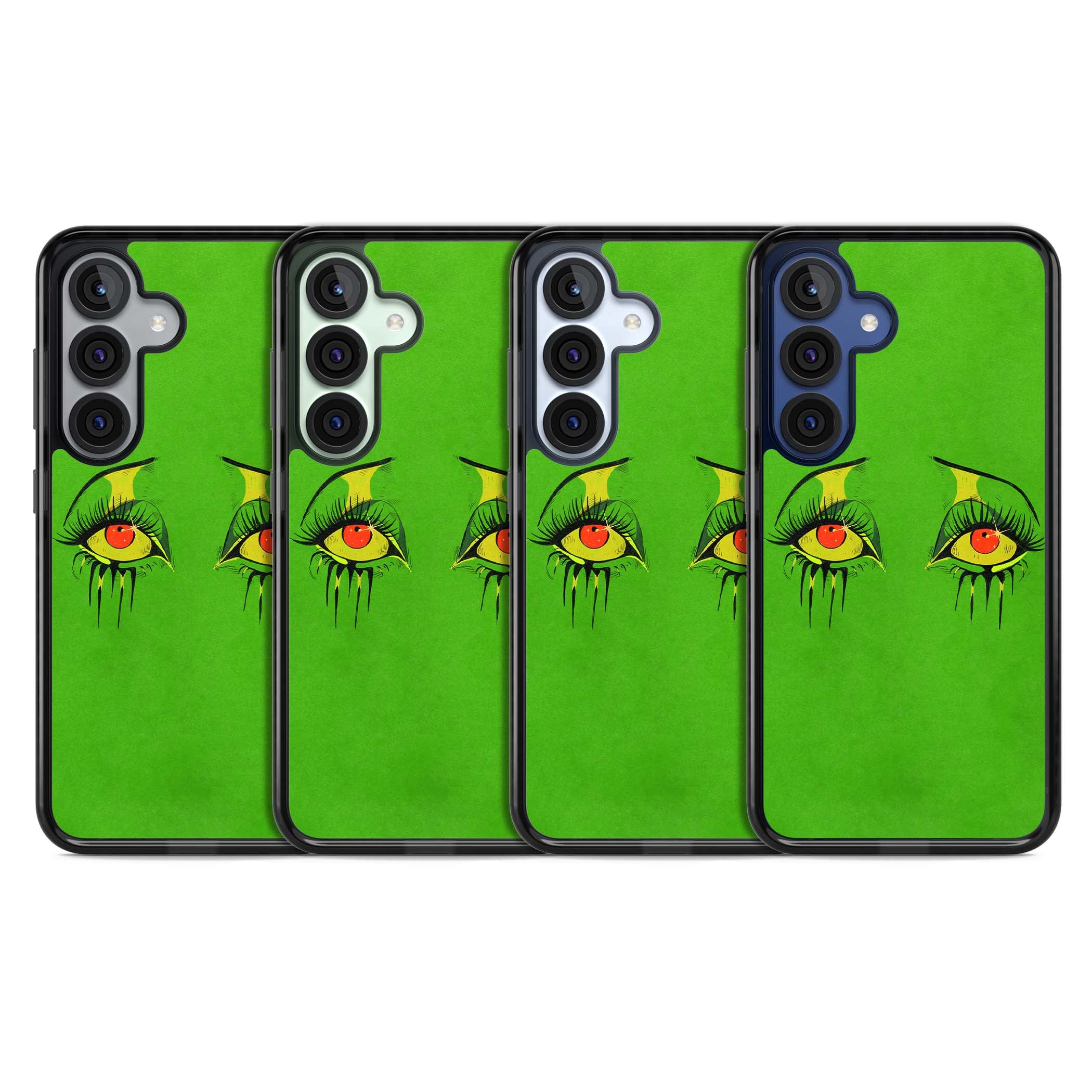 Green Enchanted Eyes psychedelic art iPhone case featuring hand-drawn dripping eyes on neon green background | Black Impact case for Samsung Galaxy S25, Samsung Galaxy S25 Plus