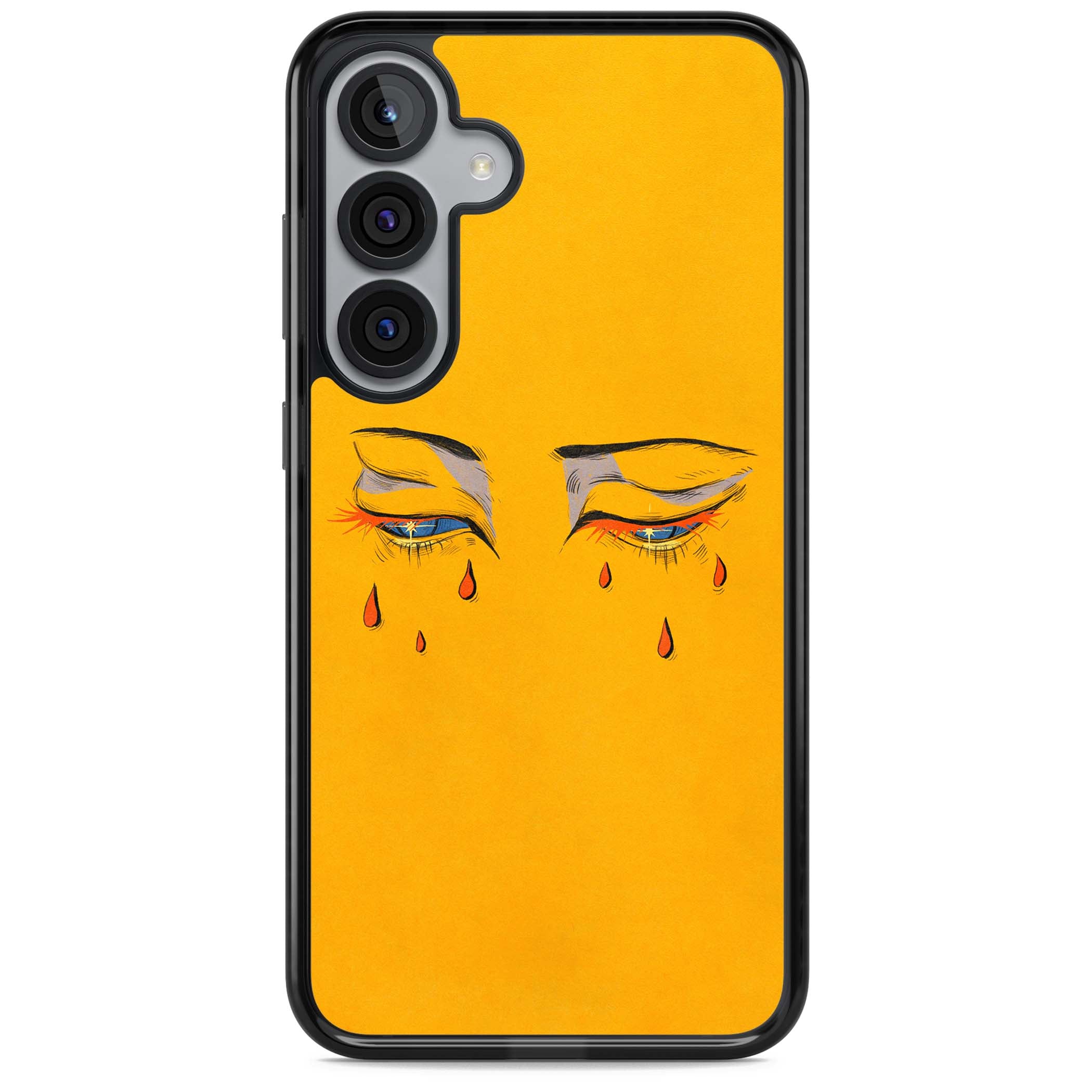 Yellow Tearful Eyes indie iPhone case featuring hand-drawn crying eyes with orange tears on a yellow background | Black Impact case for Samsung Galaxy S25, Samsung Galaxy S25 Plus
