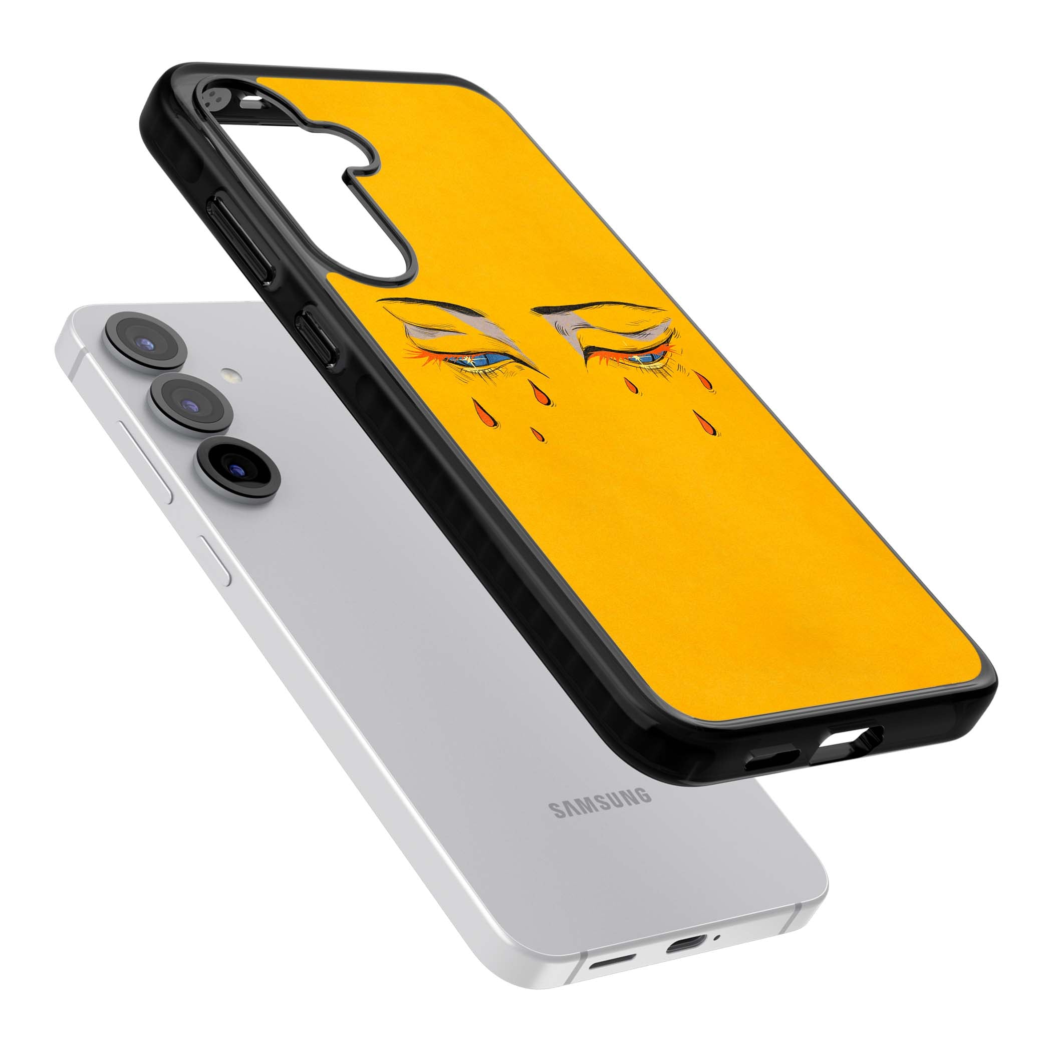 Yellow Tearful Eyes indie iPhone case featuring hand-drawn crying eyes with orange tears on a yellow background | Black Impact case for Samsung Galaxy S25, Samsung Galaxy S25 Plus