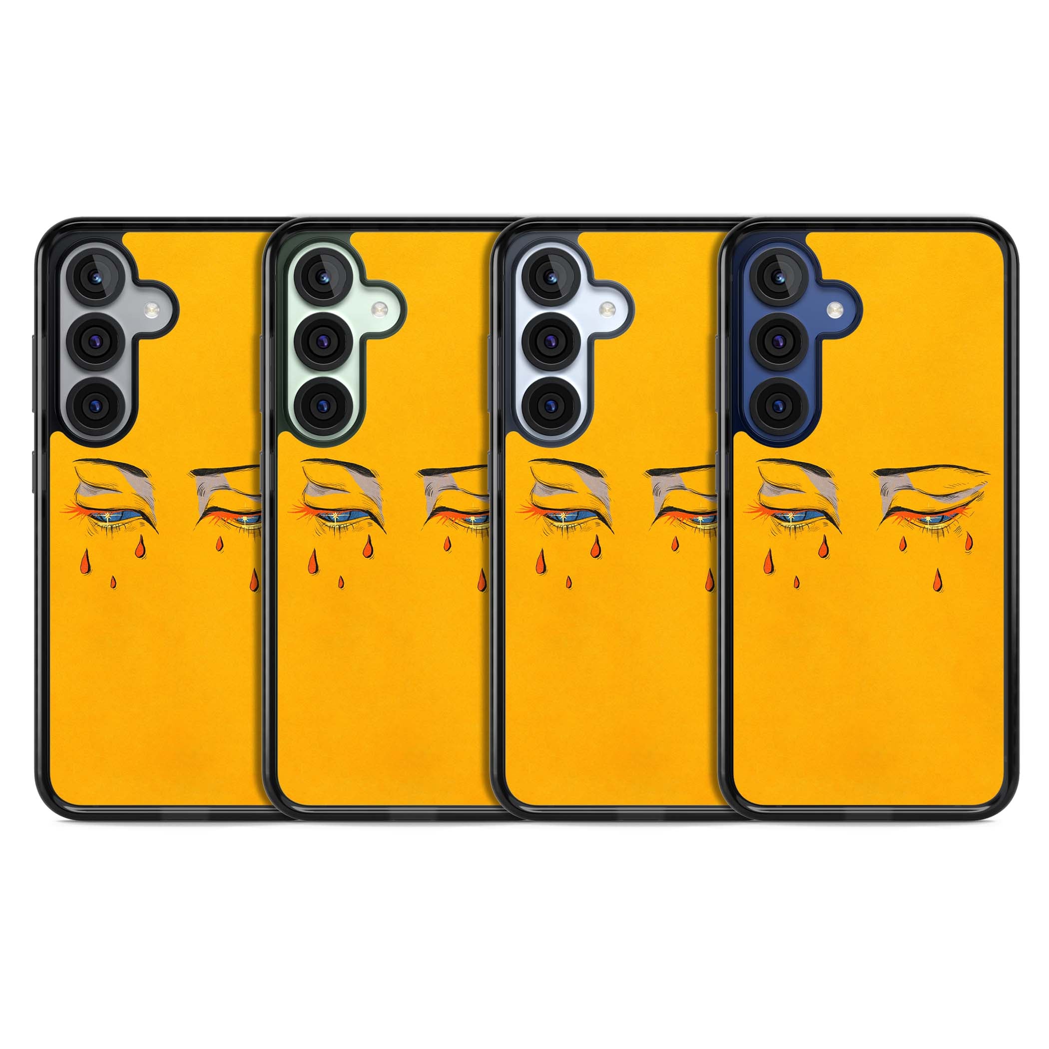 Yellow Tearful Eyes indie iPhone case featuring hand-drawn crying eyes with orange tears on a yellow background | Black Impact case for Samsung Galaxy S25, Samsung Galaxy S25 Plus