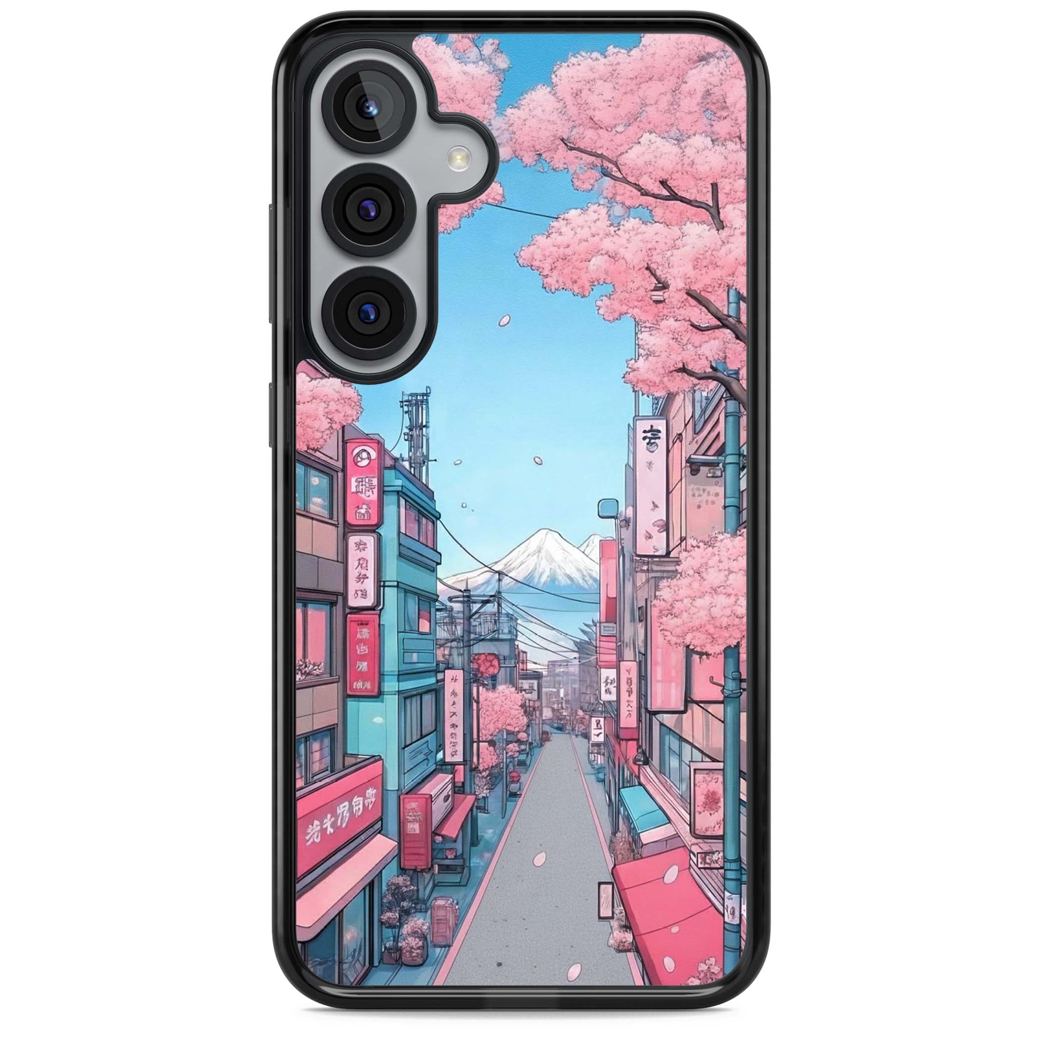 Sakura Lane anime iPhone case featuring Tokyo street scene with cherry blossoms and Mount Fuji | Black Impact case for Samsung Galaxy S25, Samsung Galaxy S25 Plus