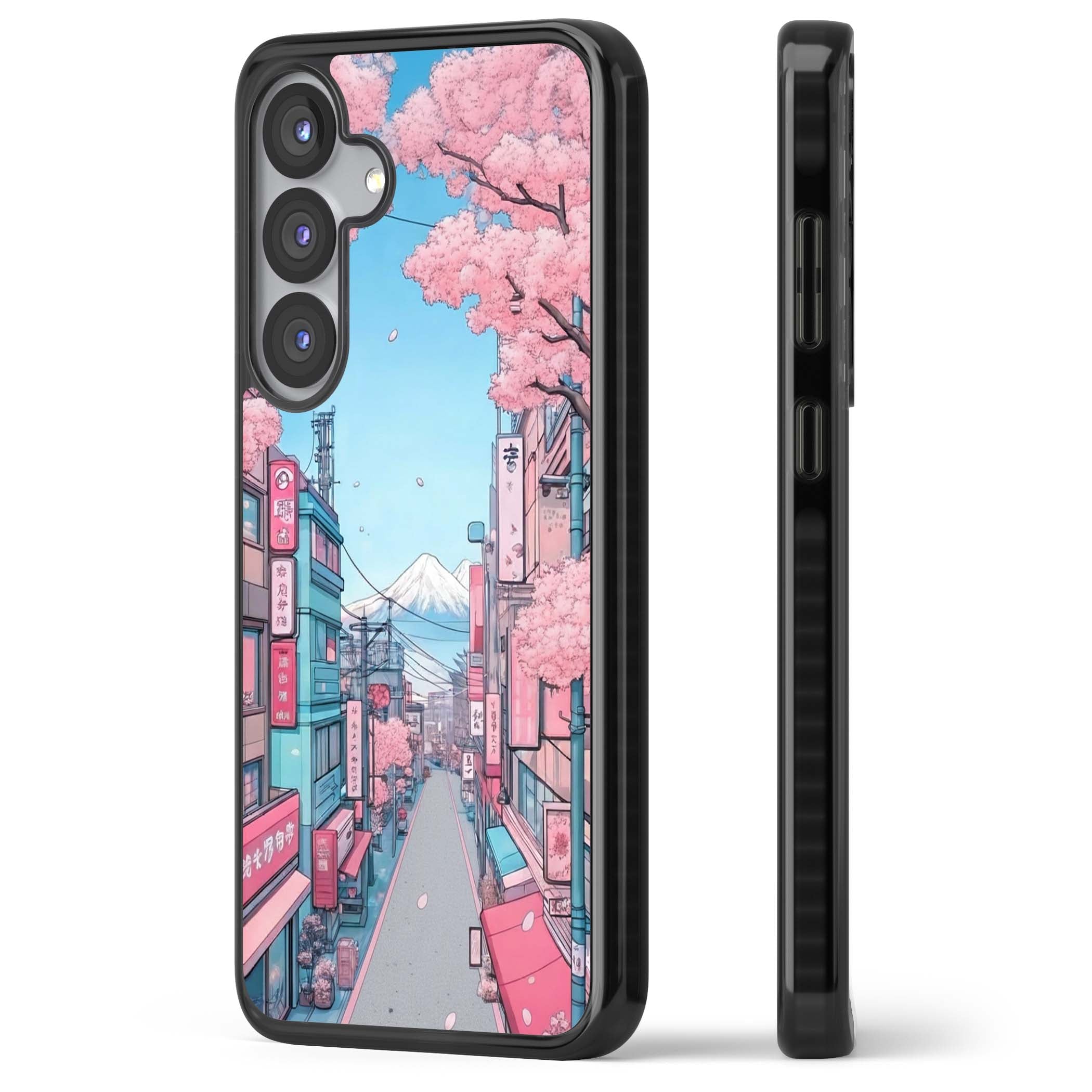 Sakura Lane anime iPhone case featuring Tokyo street scene with cherry blossoms and Mount Fuji | Black Impact case for Samsung Galaxy S25, Samsung Galaxy S25 Plus