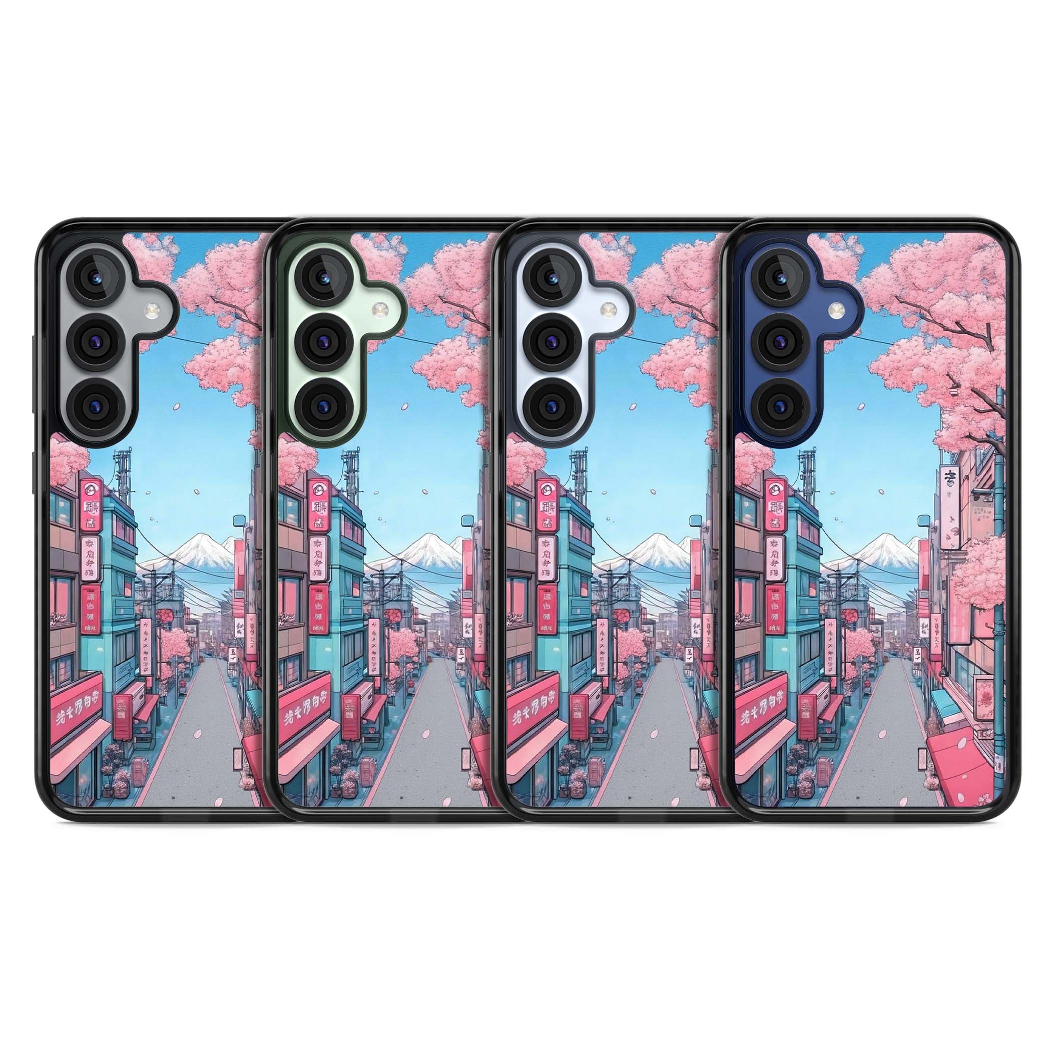 Sakura Lane anime iPhone case featuring Tokyo street scene with cherry blossoms and Mount Fuji | Black Impact case for Samsung Galaxy S25, Samsung Galaxy S25 Plus