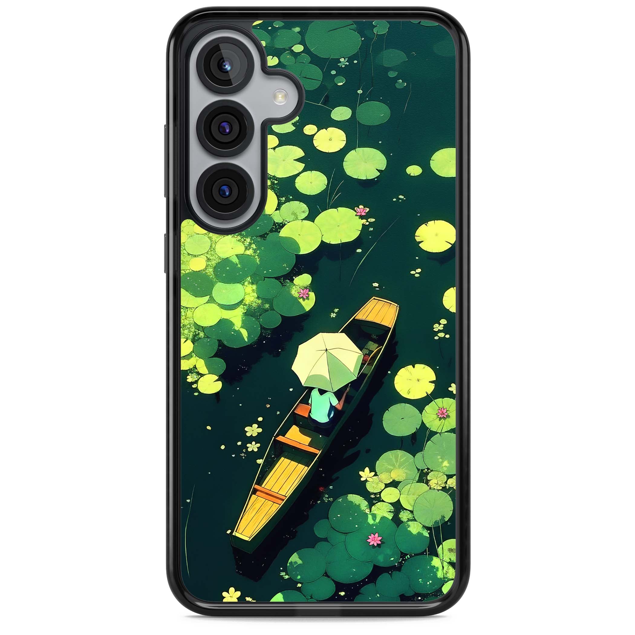 Jade Waters cottagecore iPhone case featuring a painted lily pond, wooden boat with parasol and floating water lilies | Black Impact case for Samsung Galaxy S25, Samsung Galaxy S25 Plus