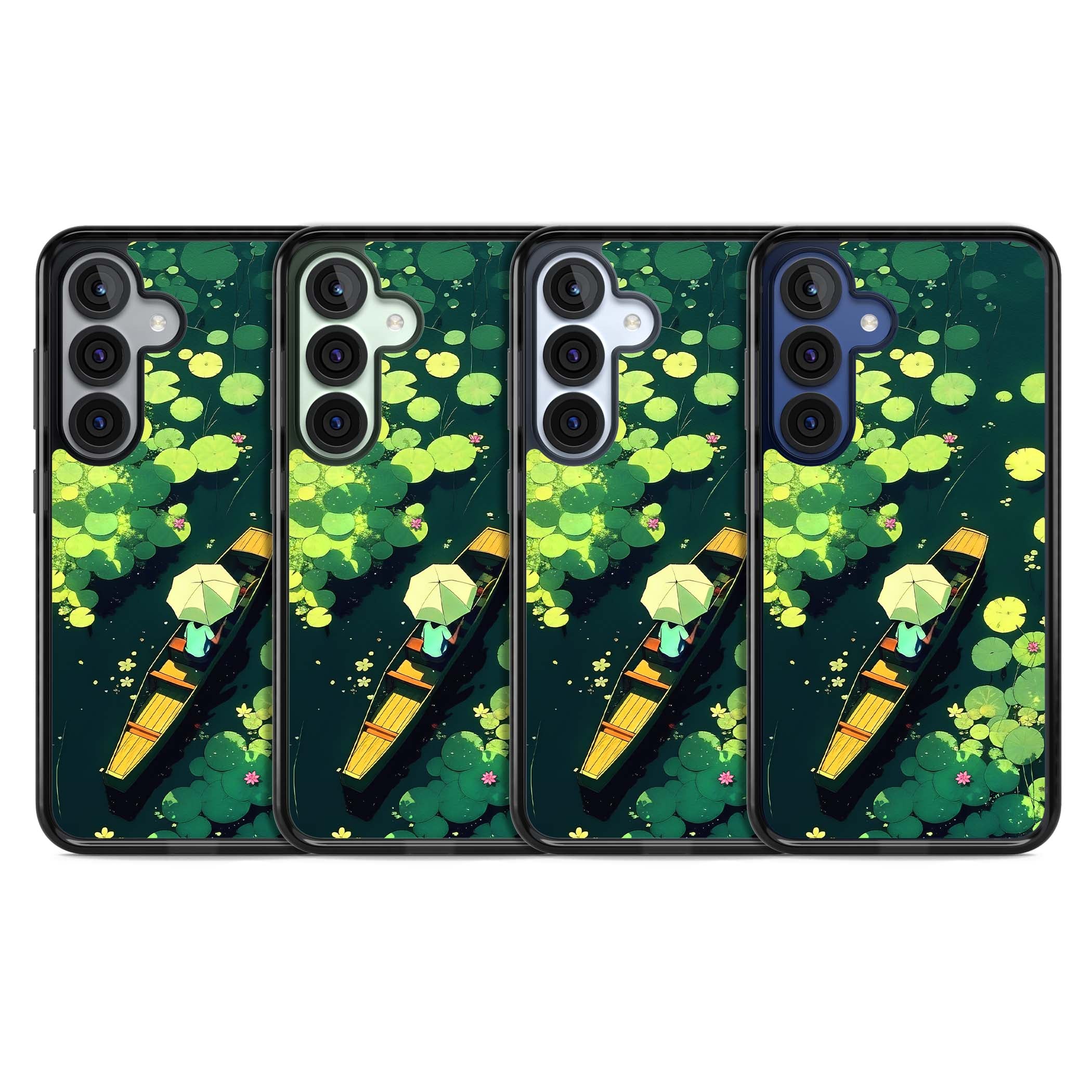 Jade Waters cottagecore iPhone case featuring a painted lily pond, wooden boat with parasol and floating water lilies | Black Impact case for Samsung Galaxy S25, Samsung Galaxy S25 Plus