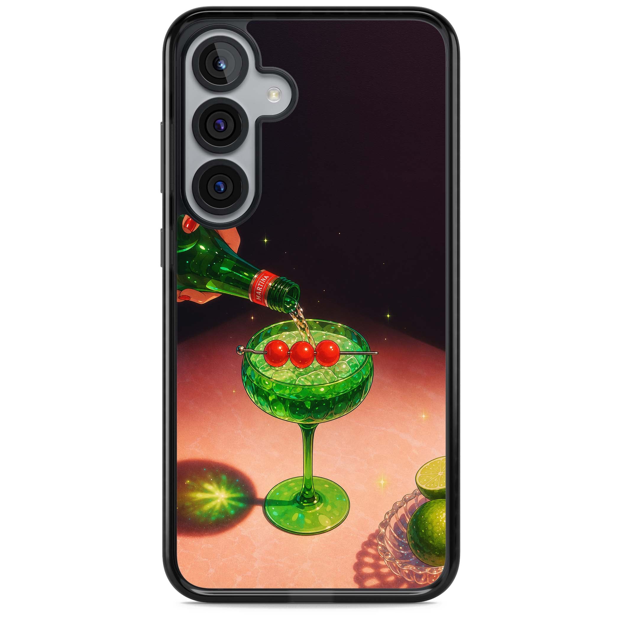 Absinthe Hour cocktail iPhone case featuring a green coupe glass, cherry garnish and vintage bottle pour illustration | Black Impact case for Samsung Galaxy S25, Samsung Galaxy S25 Plus