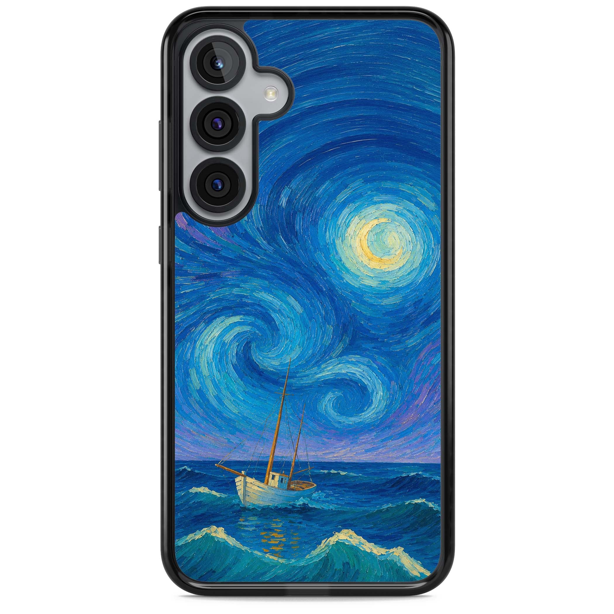 Moonlit Tide Van Gogh art iPhone case featuring swirling starry night sky, glowing moon and lone sailing boat at sea | Black Impact case for Samsung Galaxy S25, Samsung Galaxy S25 Plus