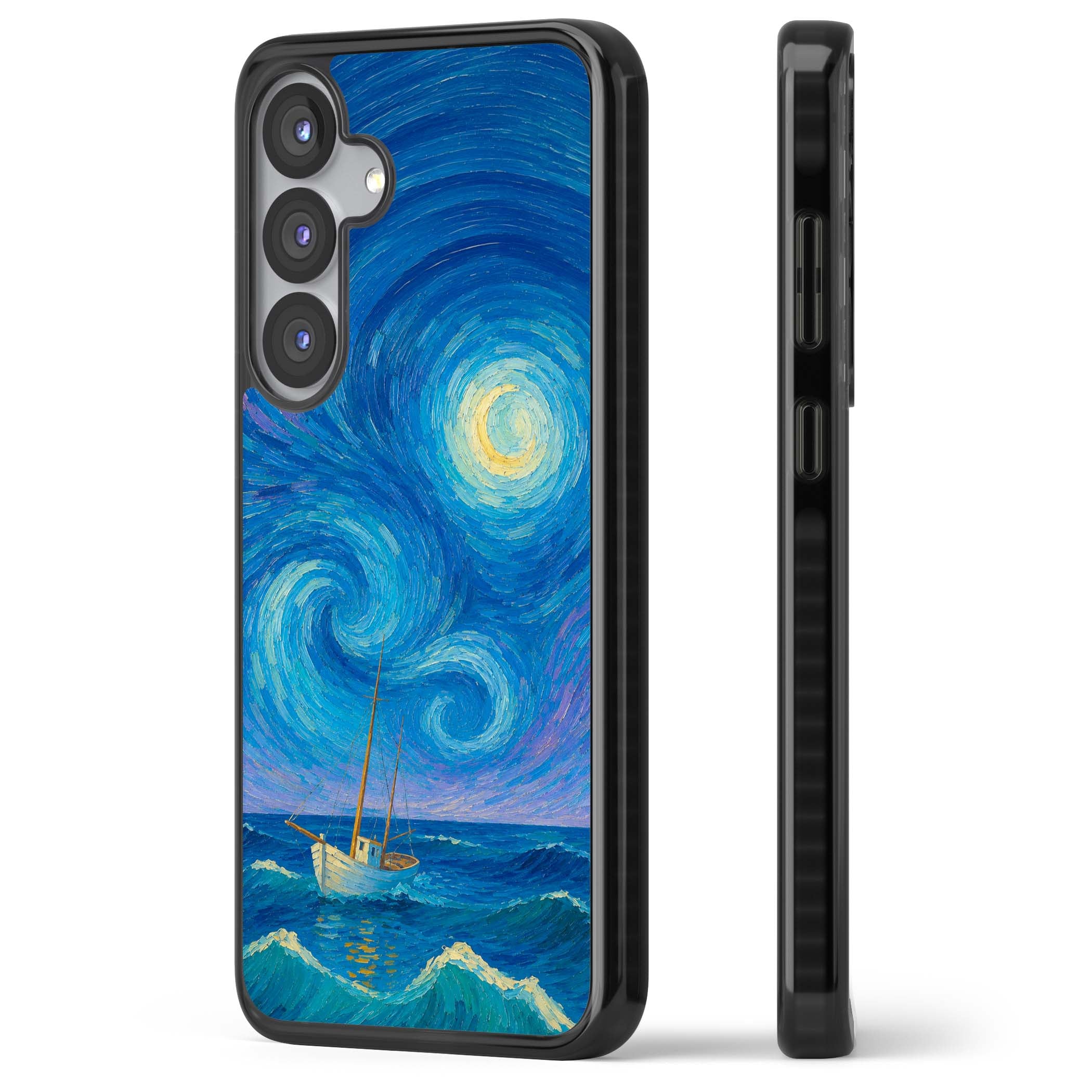 Moonlit Tide Van Gogh art iPhone case featuring swirling starry night sky, glowing moon and lone sailing boat at sea | Black Impact case for Samsung Galaxy S25, Samsung Galaxy S25 Plus