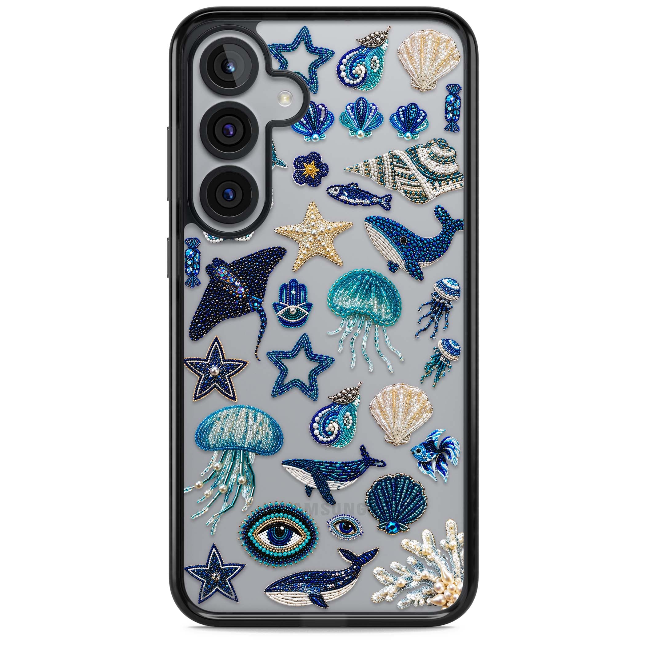 Beaded Coastal coastal iPhone case featuring embroidered seashells, jellyfish and a blue whale on clear | Black Impact case for Samsung Galaxy S25, Samsung Galaxy S25 Plus