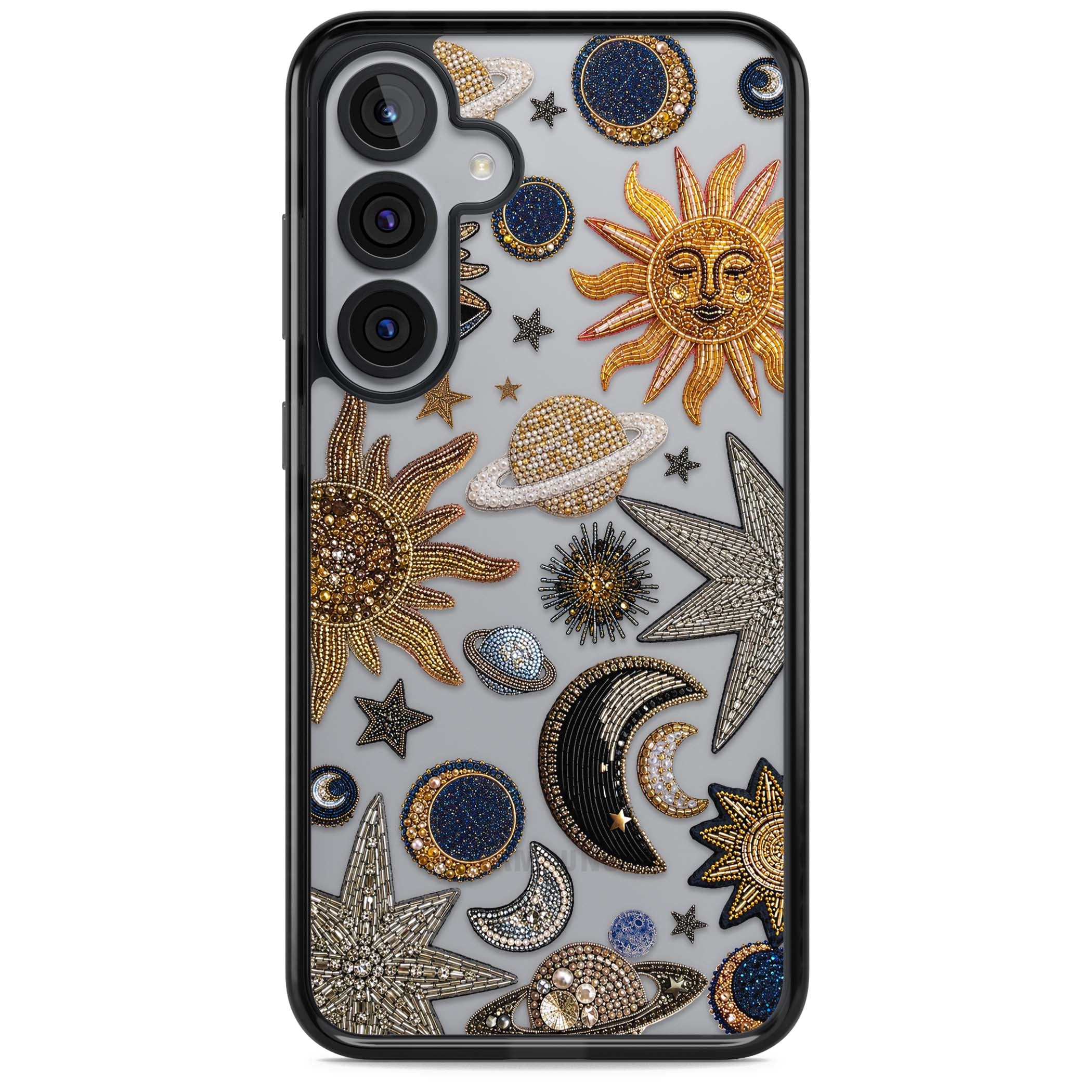 Beaded Cosmos celestial iPhone case featuring embroidered golden suns, beaded planets and silver shooting stars | Black Impact case for Samsung Galaxy S25, Samsung Galaxy S25 Plus