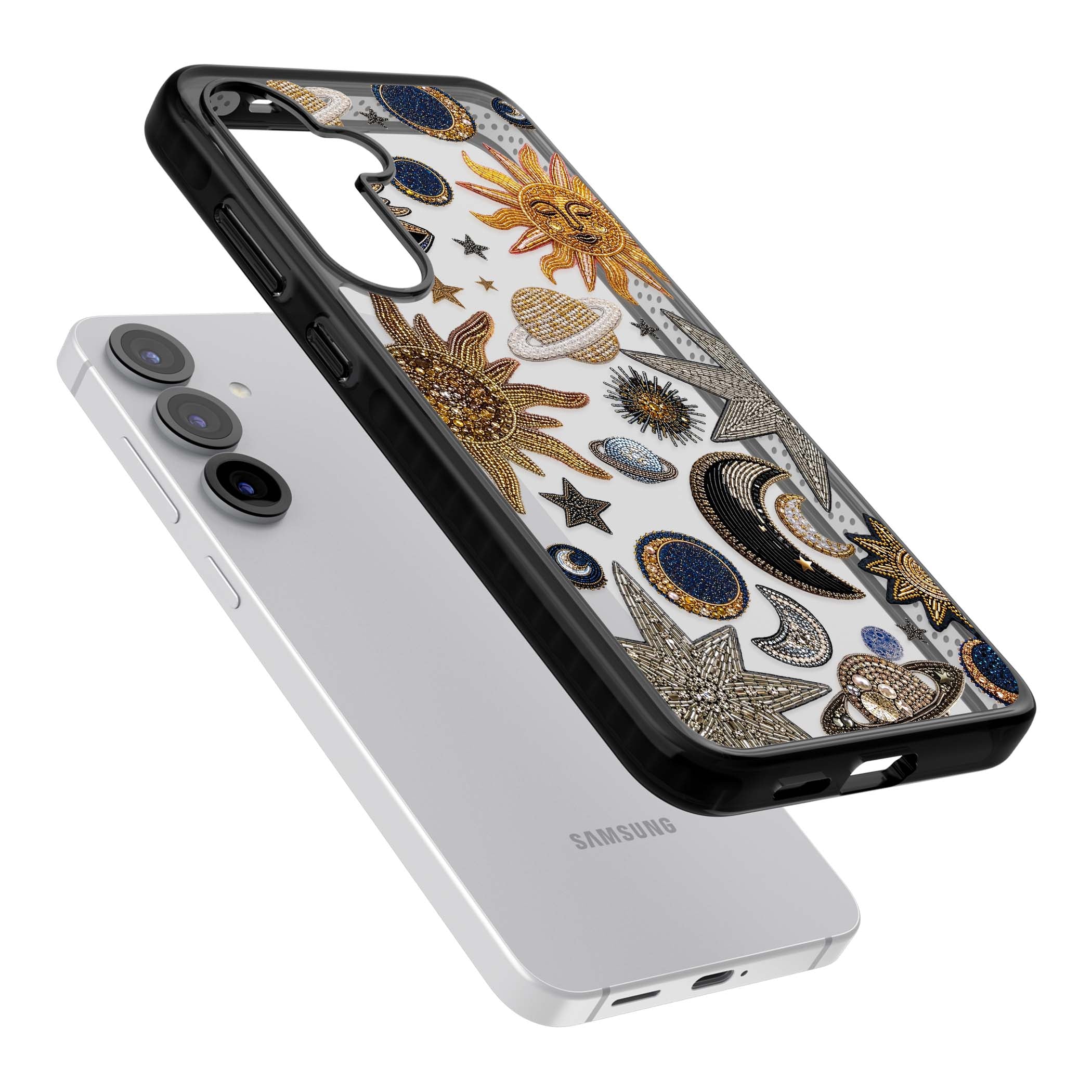 Beaded Cosmos celestial iPhone case featuring embroidered golden suns, beaded planets and silver shooting stars | Black Impact case for Samsung Galaxy S25, Samsung Galaxy S25 Plus