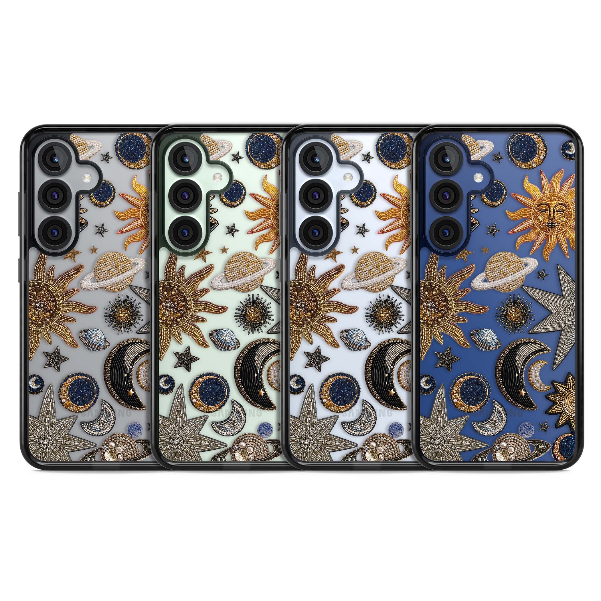 Beaded Cosmos celestial iPhone case featuring embroidered golden suns, beaded planets and silver shooting stars | Black Impact case for Samsung Galaxy S25, Samsung Galaxy S25 Plus