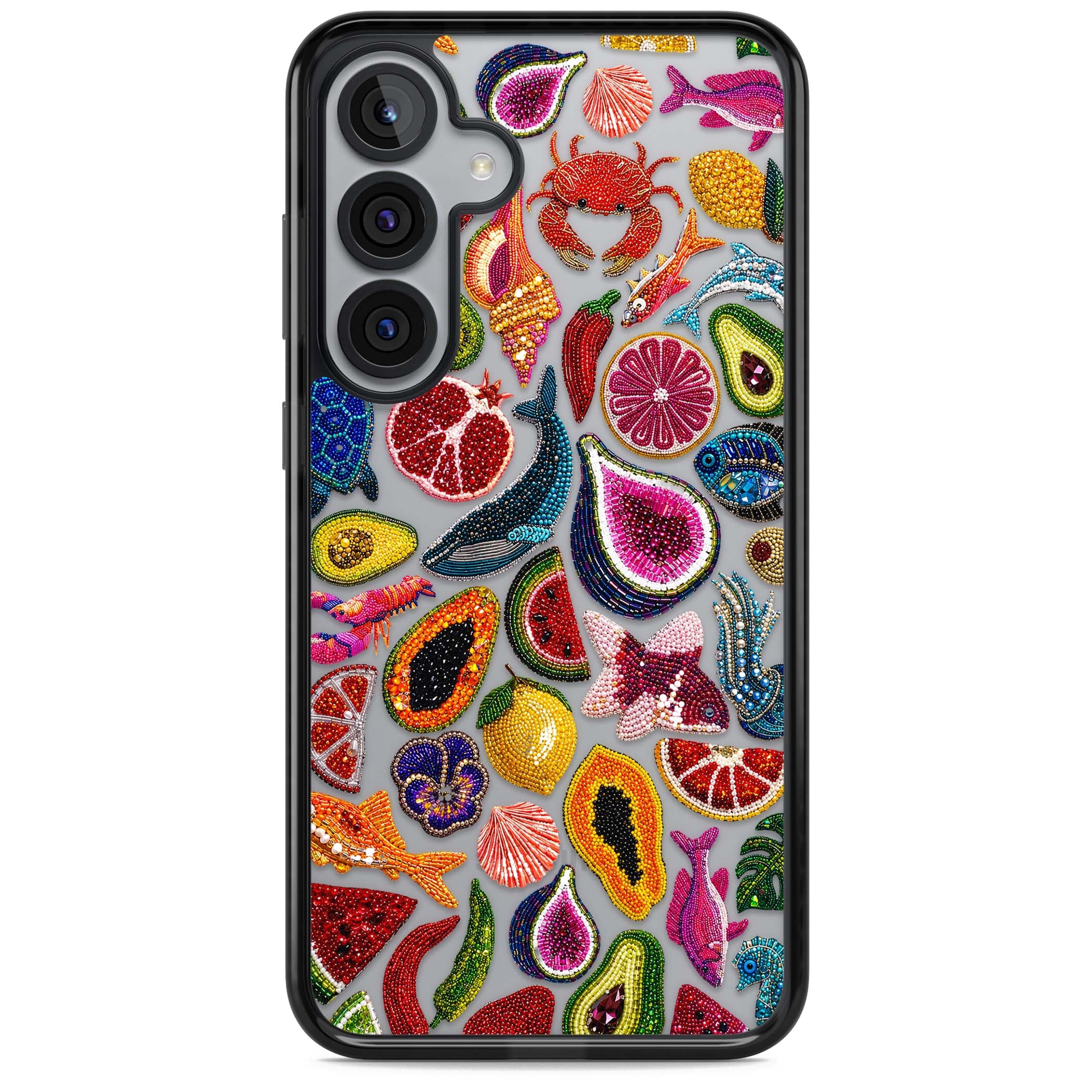 Beaded Tropic tropical iPhone case featuring beaded fruit, fish, crabs and seashells in vibrant colour | Black Impact case for Samsung Galaxy S25, Samsung Galaxy S25 Plus