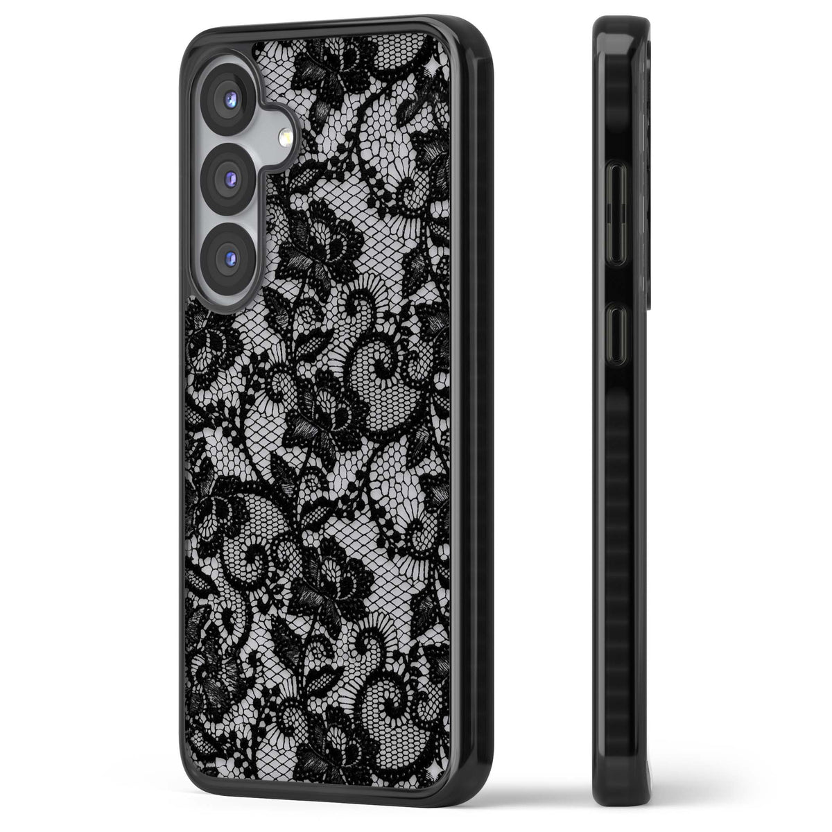 Black Lace gothic iPhone case featuring intricate black floral lace pattern with vintage whimsigoth detail | Black Impact case for Samsung Galaxy S25, Samsung Galaxy S25 Plus