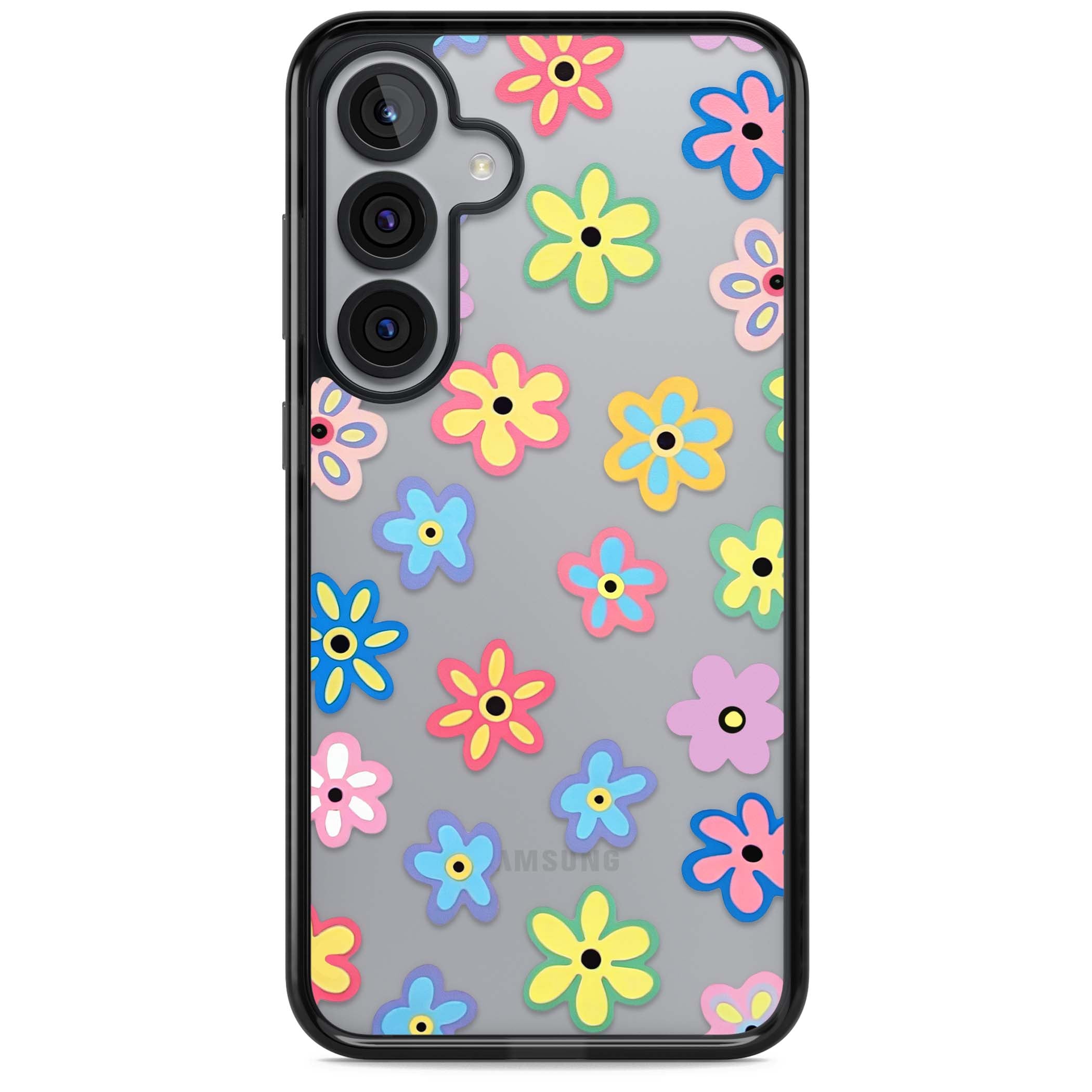 Bloom Pop cottagecore iPhone case featuring multicolor pastel flowers with black centers on clear background | Black Impact case for Samsung Galaxy S25, Samsung Galaxy S25 Plus