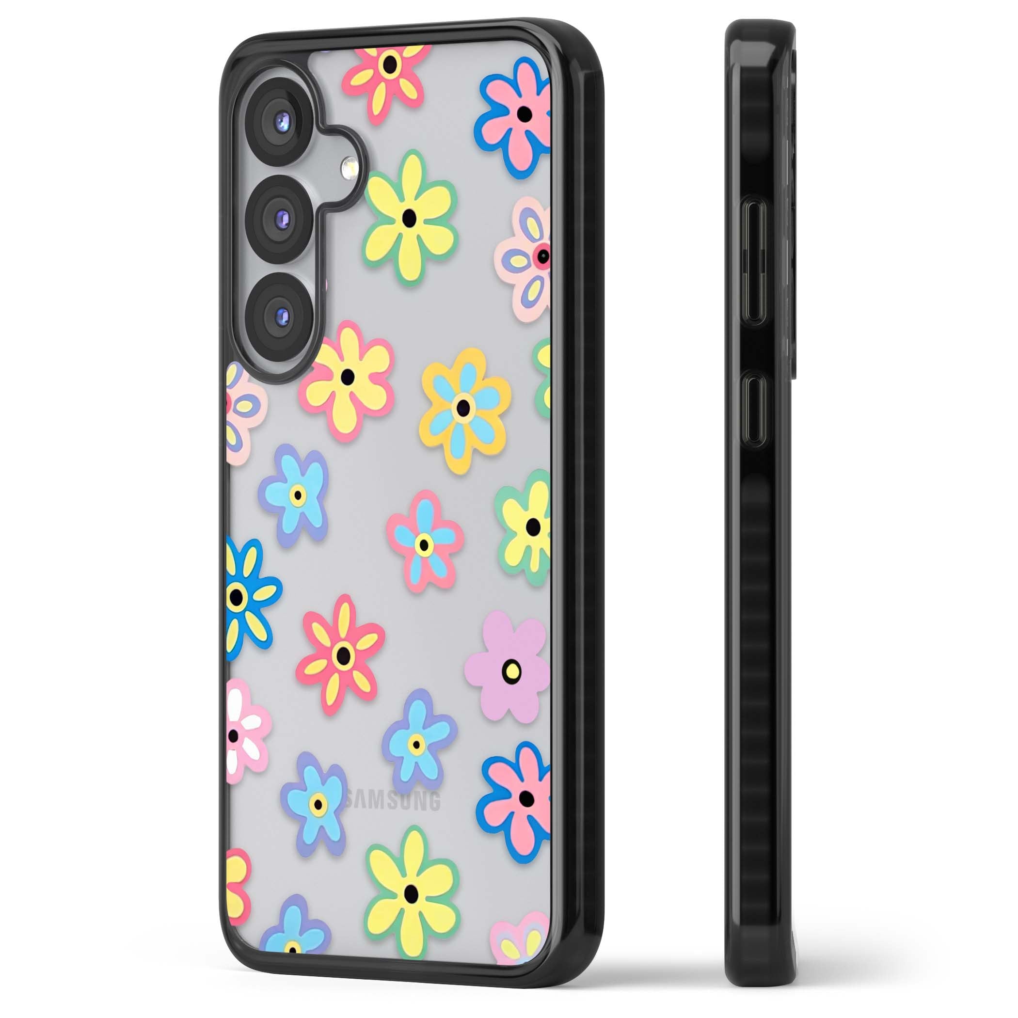 Bloom Pop cottagecore iPhone case featuring multicolor pastel flowers with black centers on clear background | Black Impact case for Samsung Galaxy S25, Samsung Galaxy S25 Plus