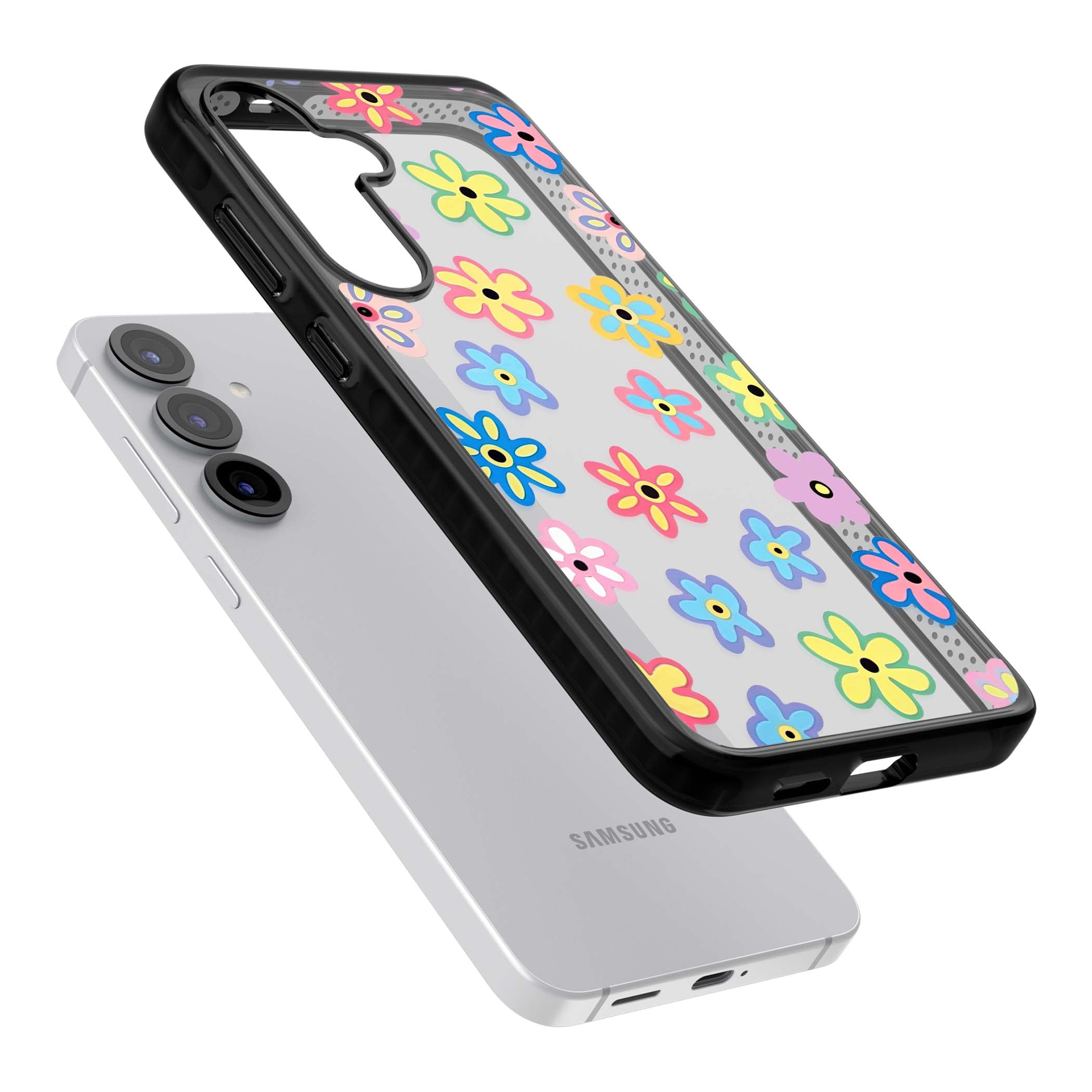 Bloom Pop cottagecore iPhone case featuring multicolor pastel flowers with black centers on clear background | Black Impact case for Samsung Galaxy S25, Samsung Galaxy S25 Plus
