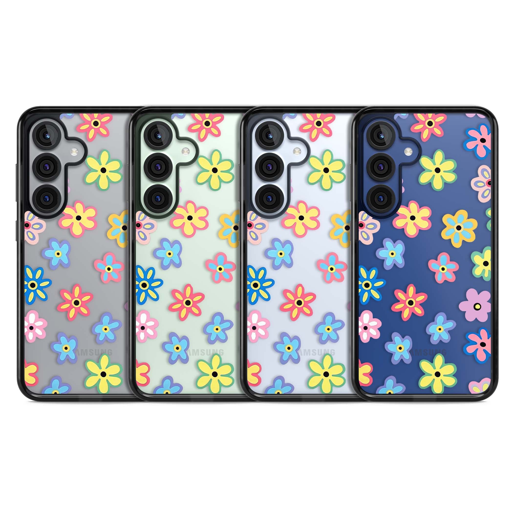 Bloom Pop cottagecore iPhone case featuring multicolor pastel flowers with black centers on clear background | Black Impact case for Samsung Galaxy S25, Samsung Galaxy S25 Plus