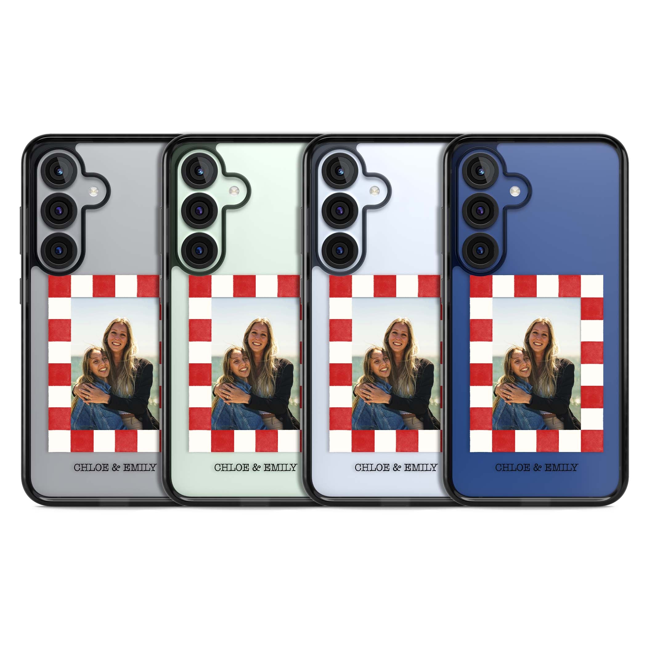 Red Check Photo personalised photo iPhone case with red and white checkered polaroid frame and custom couple name | Black Impact case for Samsung Galaxy S25, Samsung Galaxy S25 Plus