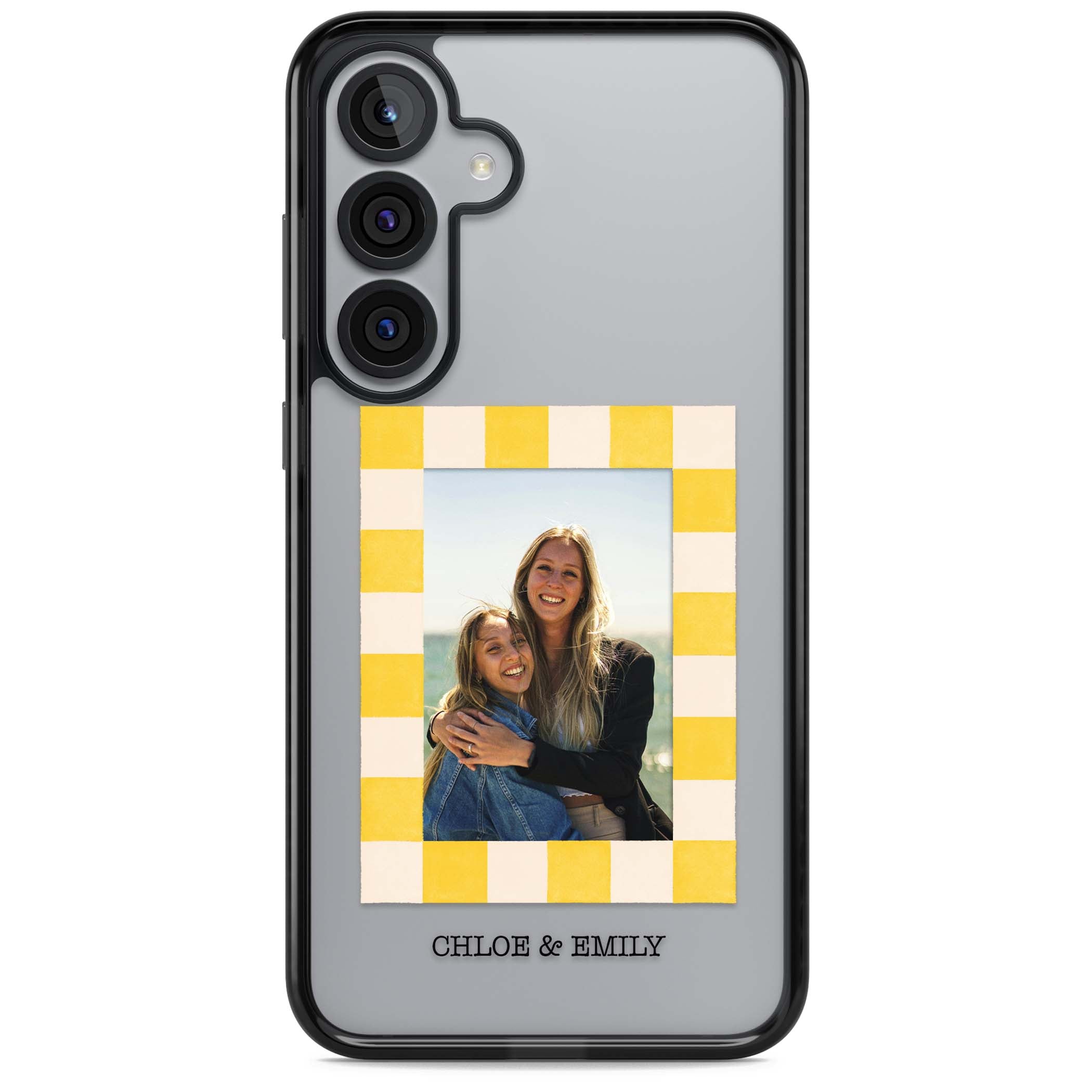 Yellow Check Photo personalised iPhone case with yellow checkered Polaroid frame and custom names beneath | Black Impact case for Samsung Galaxy S25, Samsung Galaxy S25 Plus