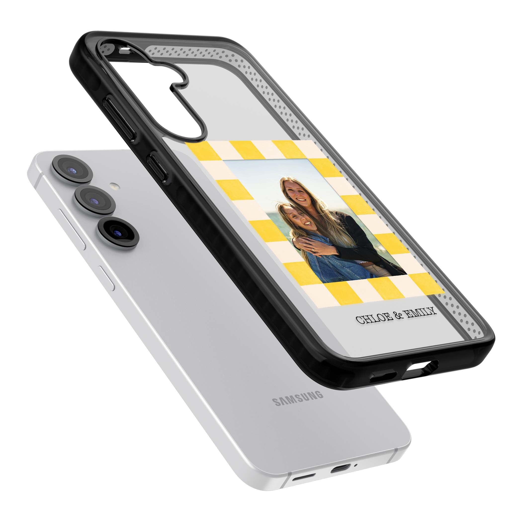 Yellow Check Photo personalised iPhone case with yellow checkered Polaroid frame and custom names beneath | Black Impact case for Samsung Galaxy S25, Samsung Galaxy S25 Plus