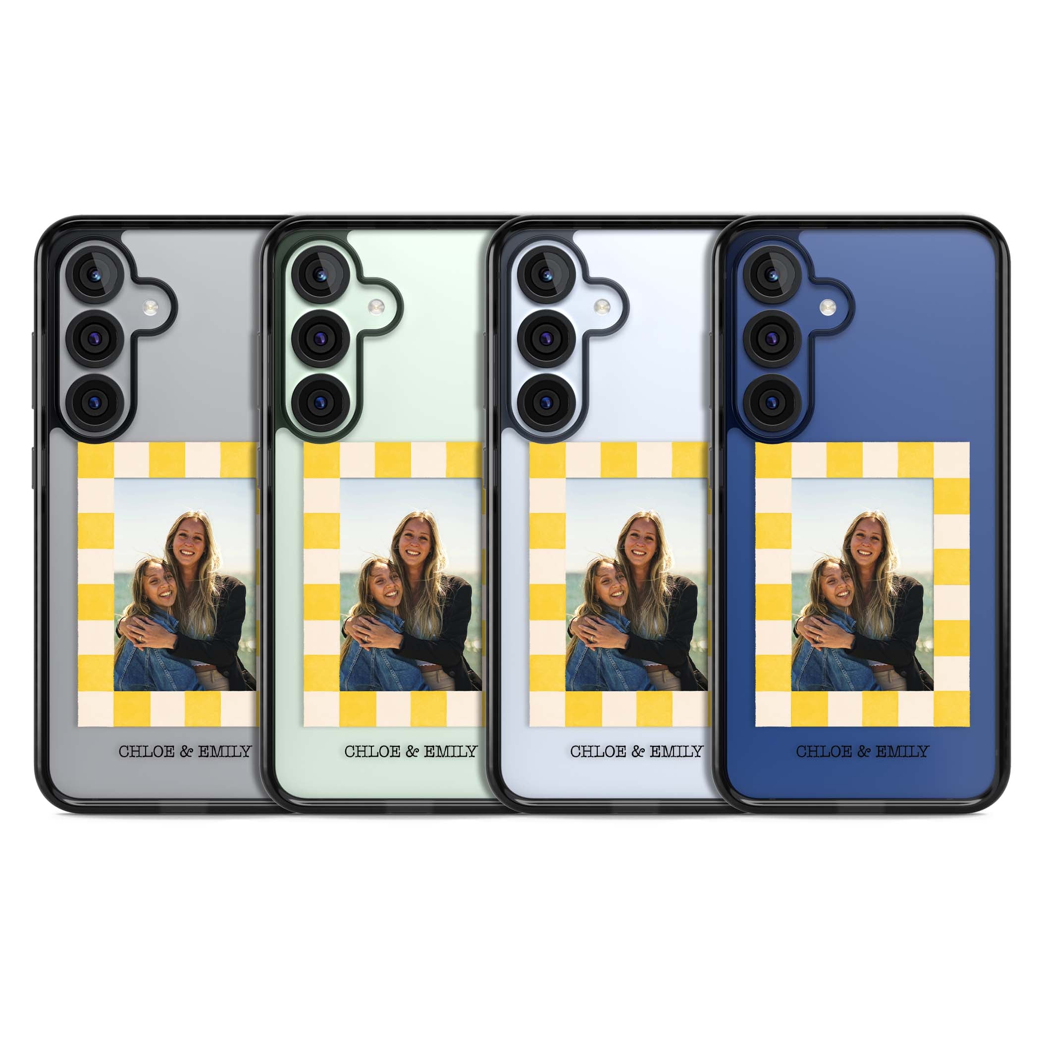 Yellow Check Photo personalised iPhone case with yellow checkered Polaroid frame and custom names beneath | Black Impact case for Samsung Galaxy S25, Samsung Galaxy S25 Plus