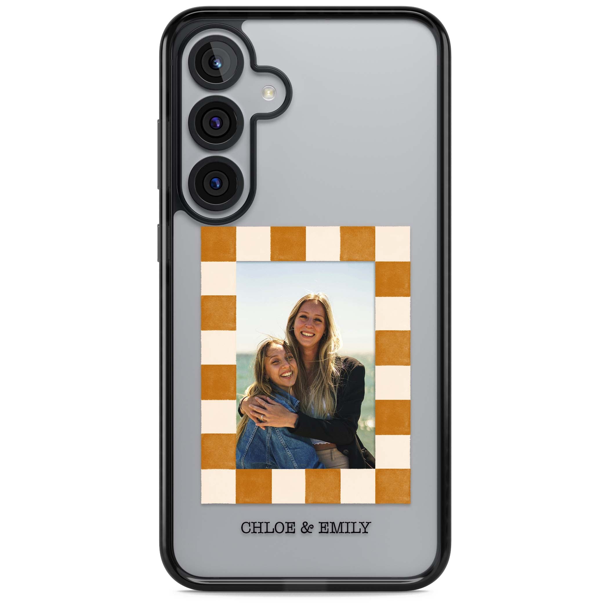 Citrus Check Photo personalised iPhone case with custom photo, orange checkered frame and names underneath | Black Impact case for Samsung Galaxy S25, Samsung Galaxy S25 Plus