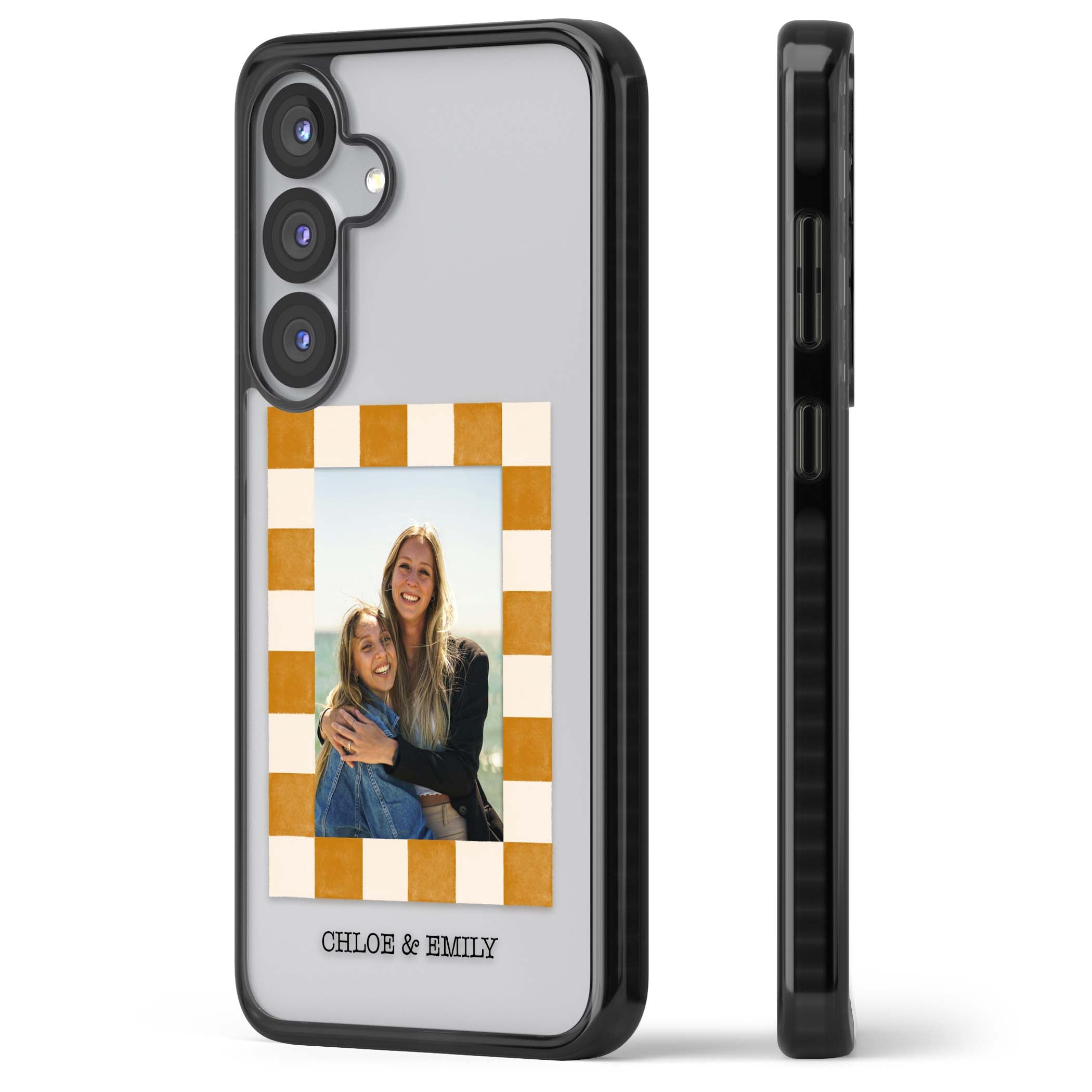Citrus Check Photo personalised iPhone case with custom photo, orange checkered frame and names underneath | Black Impact case for Samsung Galaxy S25, Samsung Galaxy S25 Plus