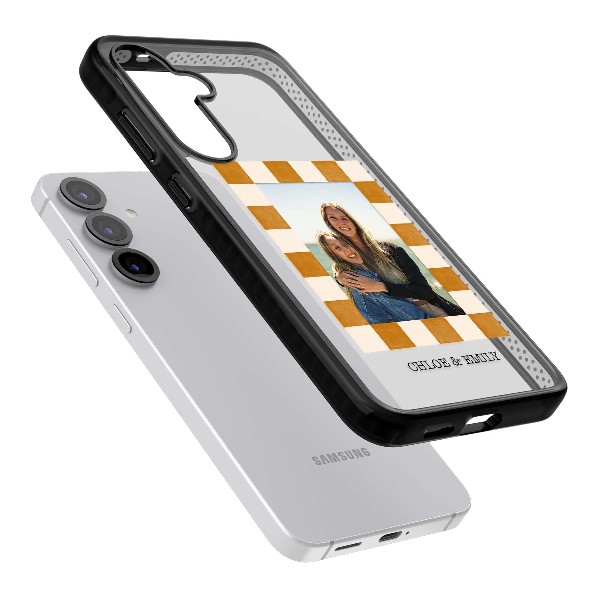 Citrus Check Photo personalised iPhone case with custom photo, orange checkered frame and names underneath | Black Impact case for Samsung Galaxy S25, Samsung Galaxy S25 Plus