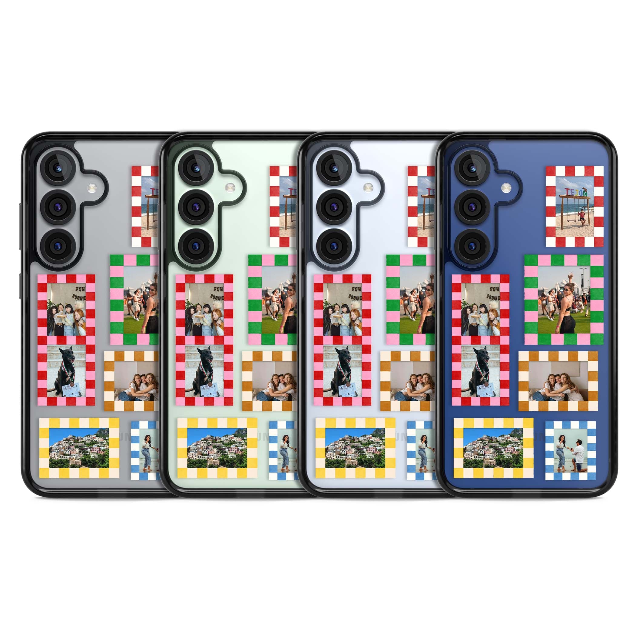 Italian Check Frames custom photo collage iPhone case featuring six checkered photo frames in red, green, pink and | Black Impact case for Samsung Galaxy S25, Samsung Galaxy S25 Plus