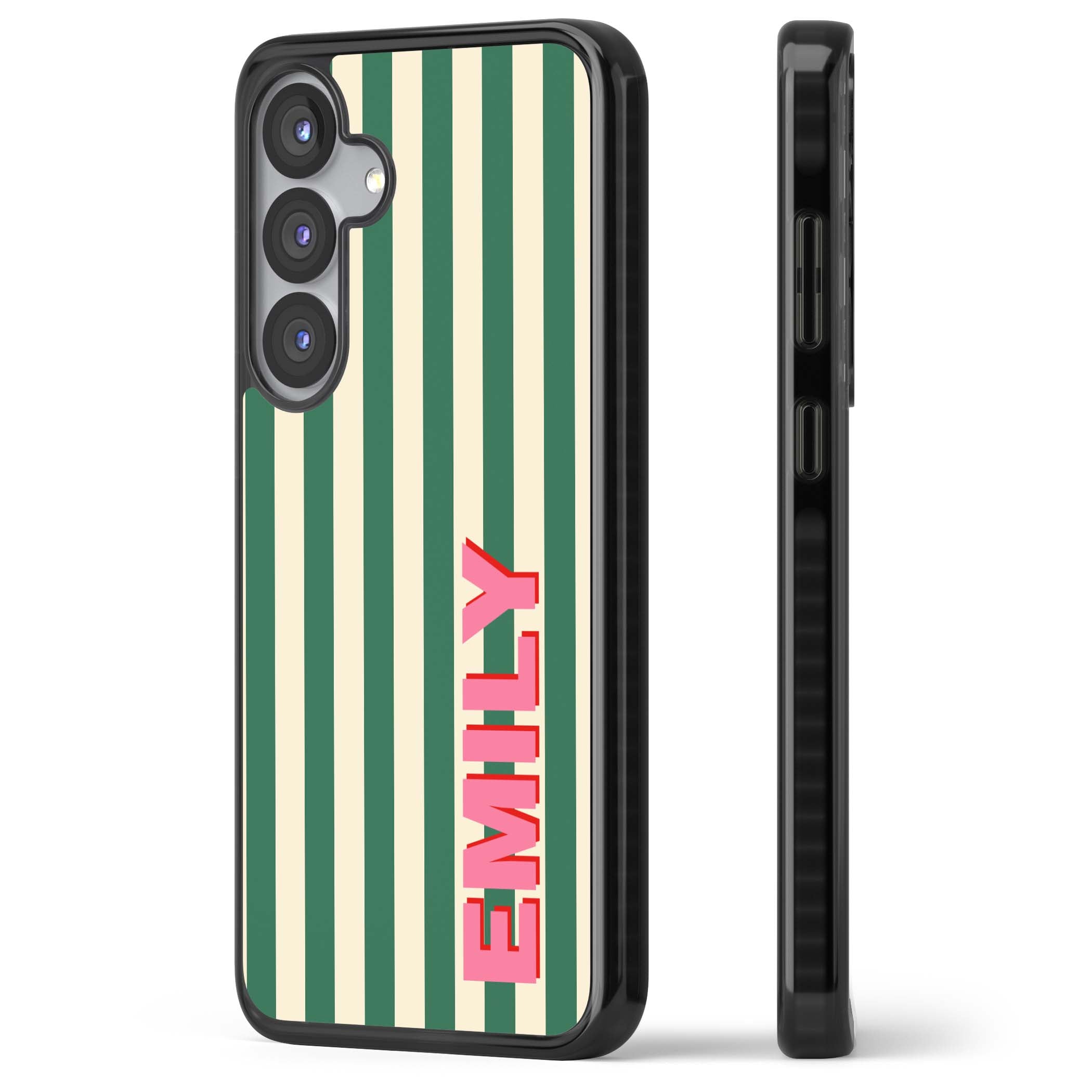 Wimbledon Stripe preppy iPhone case featuring green and cream vertical stripes with a personalised pink name | Black Impact case for Samsung Galaxy S25, Samsung Galaxy S25 Plus