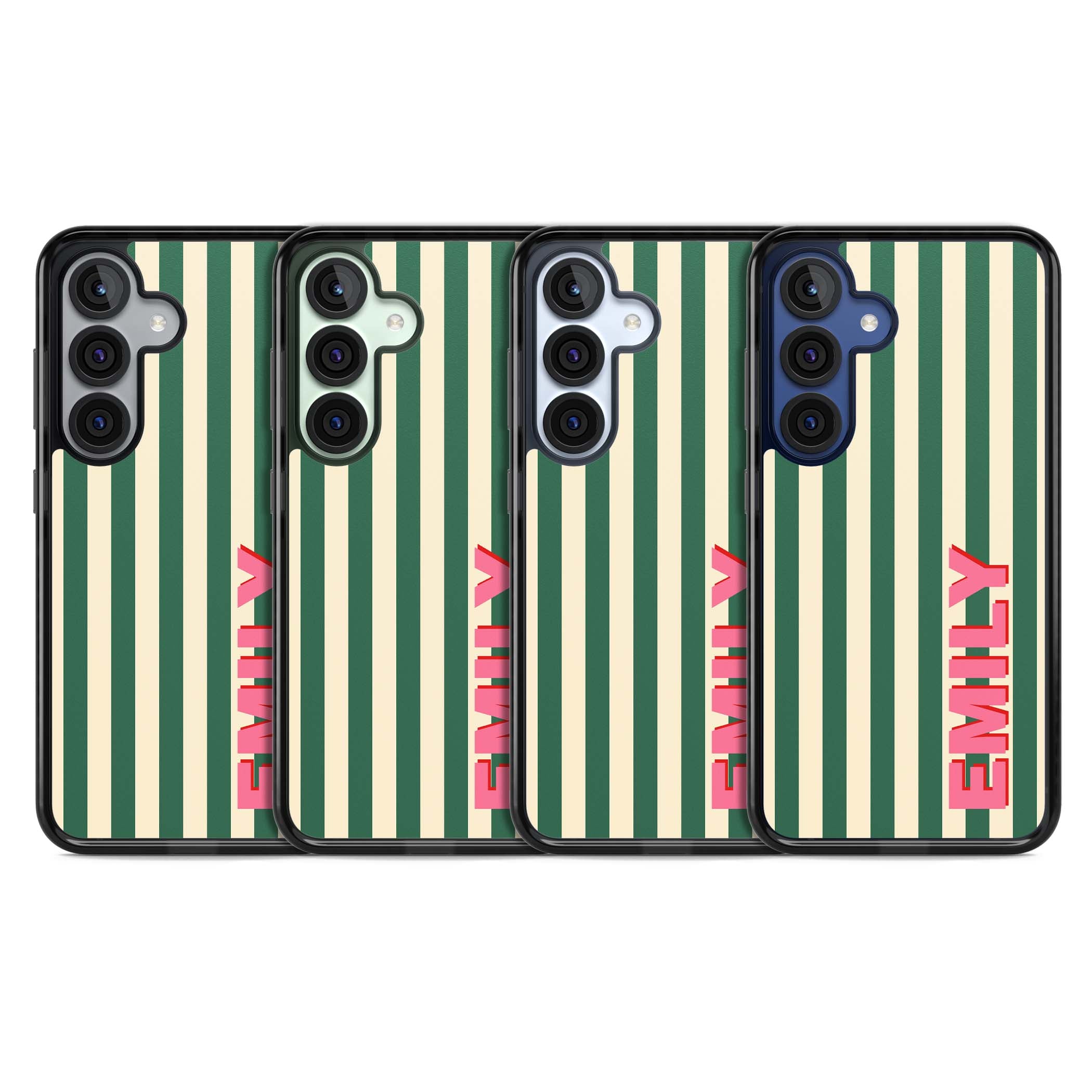 Wimbledon Stripe preppy iPhone case featuring green and cream vertical stripes with a personalised pink name | Black Impact case for Samsung Galaxy S25, Samsung Galaxy S25 Plus