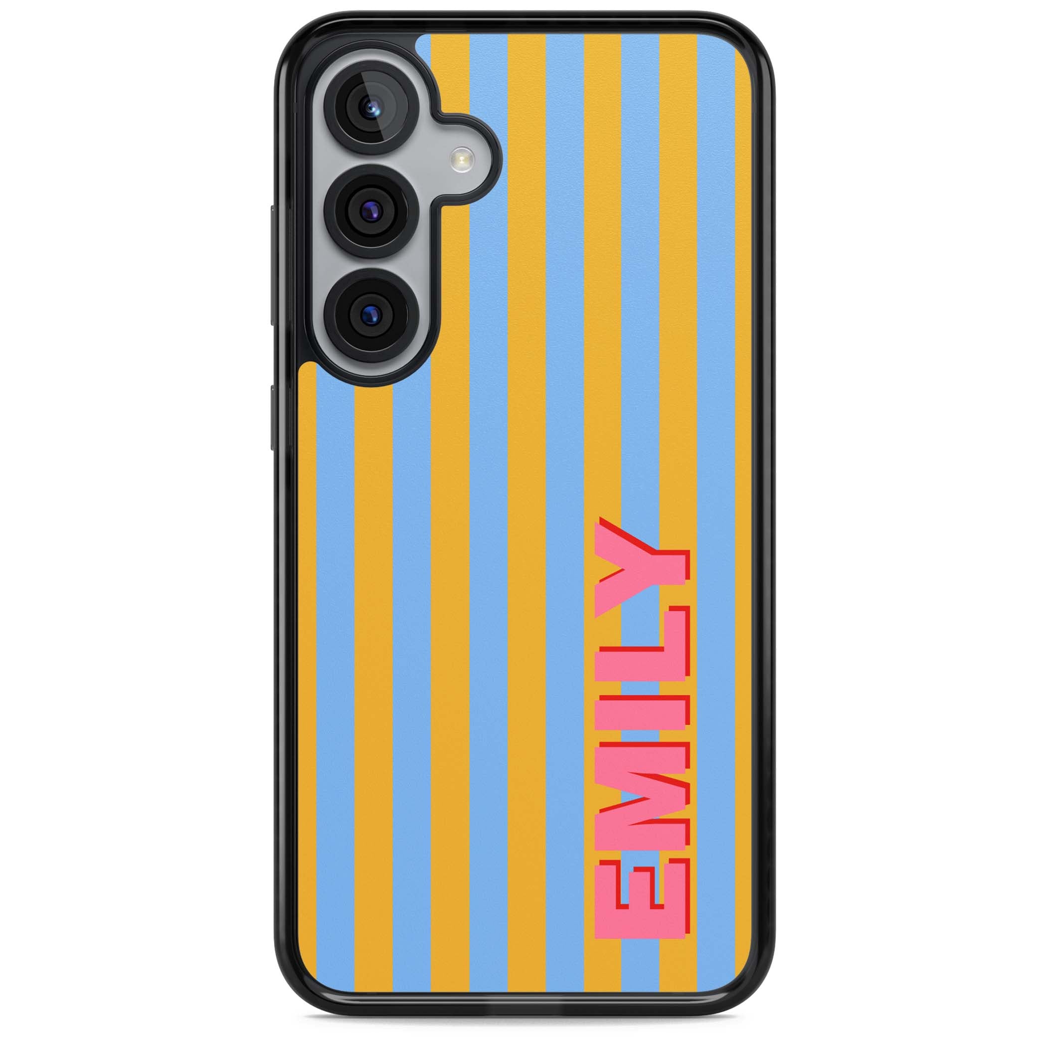 Carribean Stripe personalised coastal iPhone case with yellow and blue vertical stripes and a custom pink name | Black Impact case for Samsung Galaxy S25, Samsung Galaxy S25 Plus