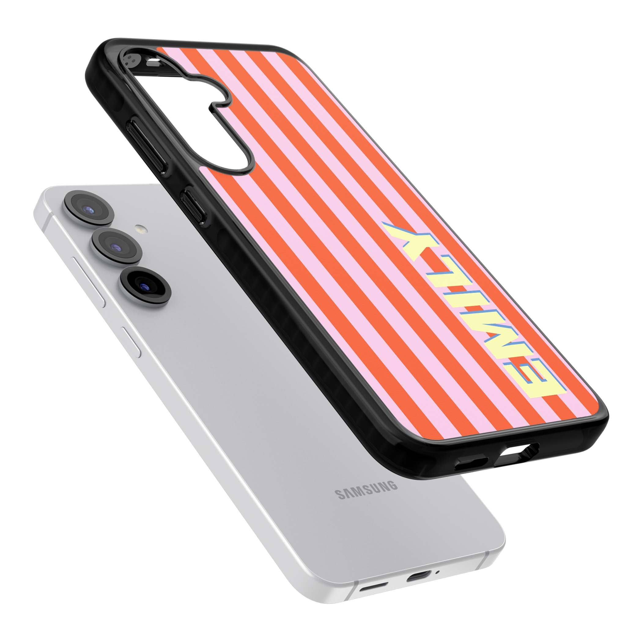 Havana Stripe personalised iPhone case featuring pink and orange vertical stripes with a custom yellow name | Black Impact case for Samsung Galaxy S25, Samsung Galaxy S25 Plus