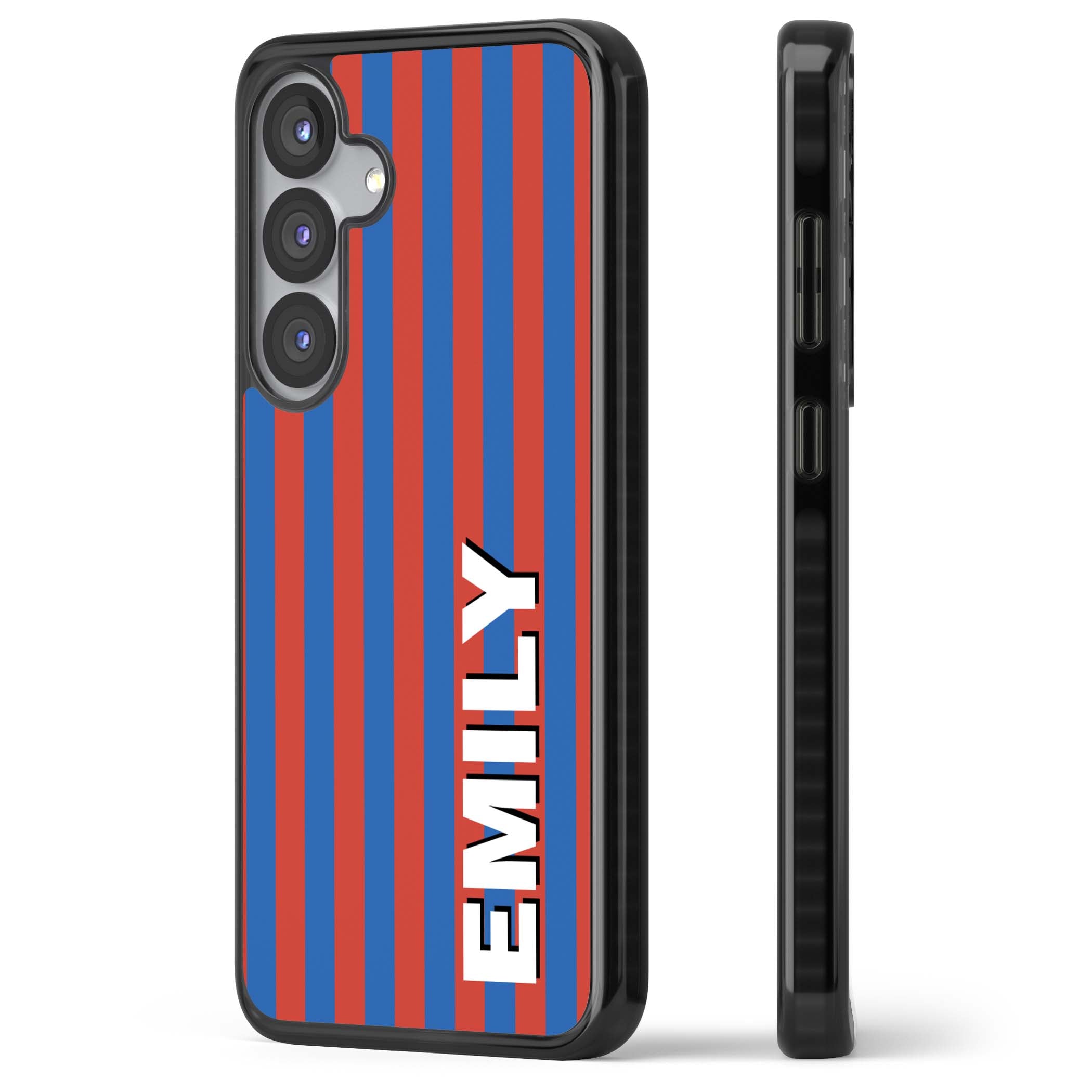 Cuban Stripe personalised iPhone case featuring red and blue vertical stripes with custom name in bold white letters | Black Impact case for Samsung Galaxy S25, Samsung Galaxy S25 Plus