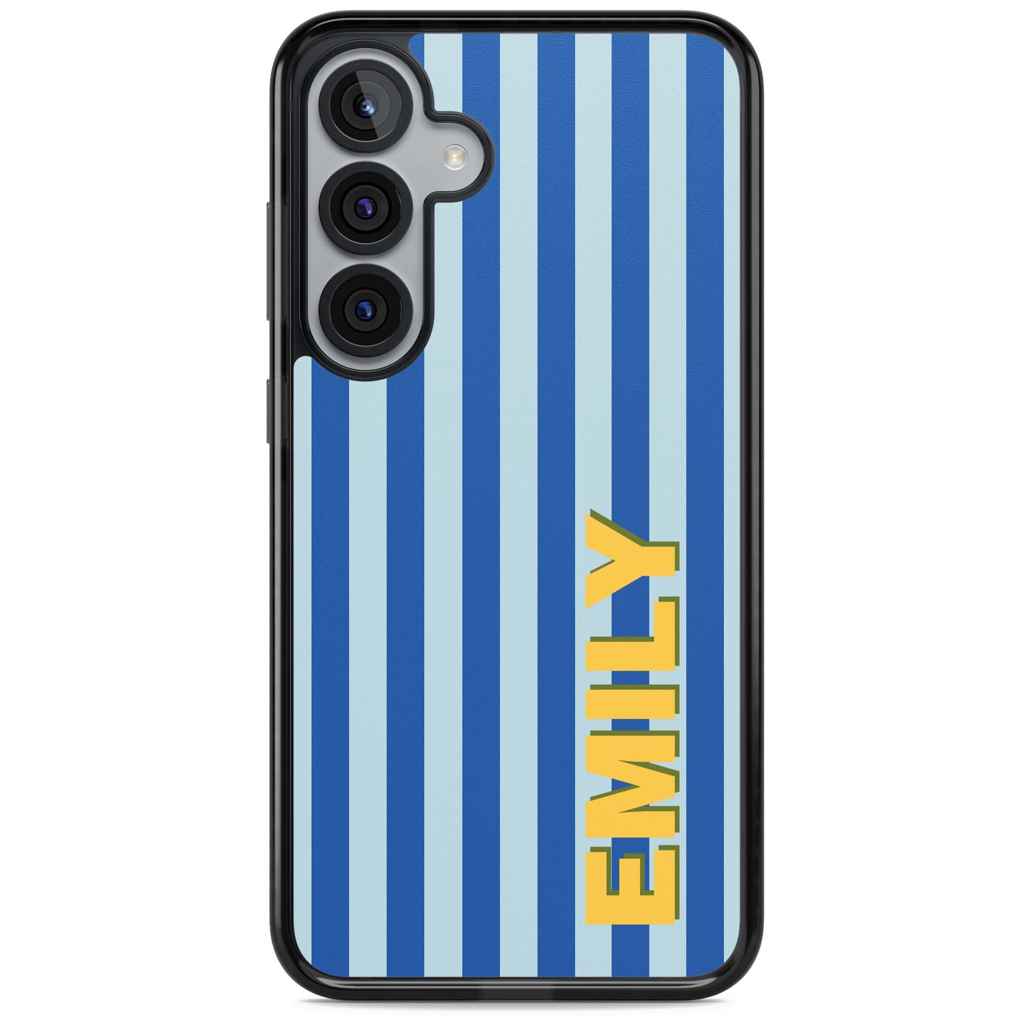 Athenian Stripe personalised preppy iPhone case featuring blue vertical stripes and a custom yellow name | Black Impact case for Samsung Galaxy S25, Samsung Galaxy S25 Plus