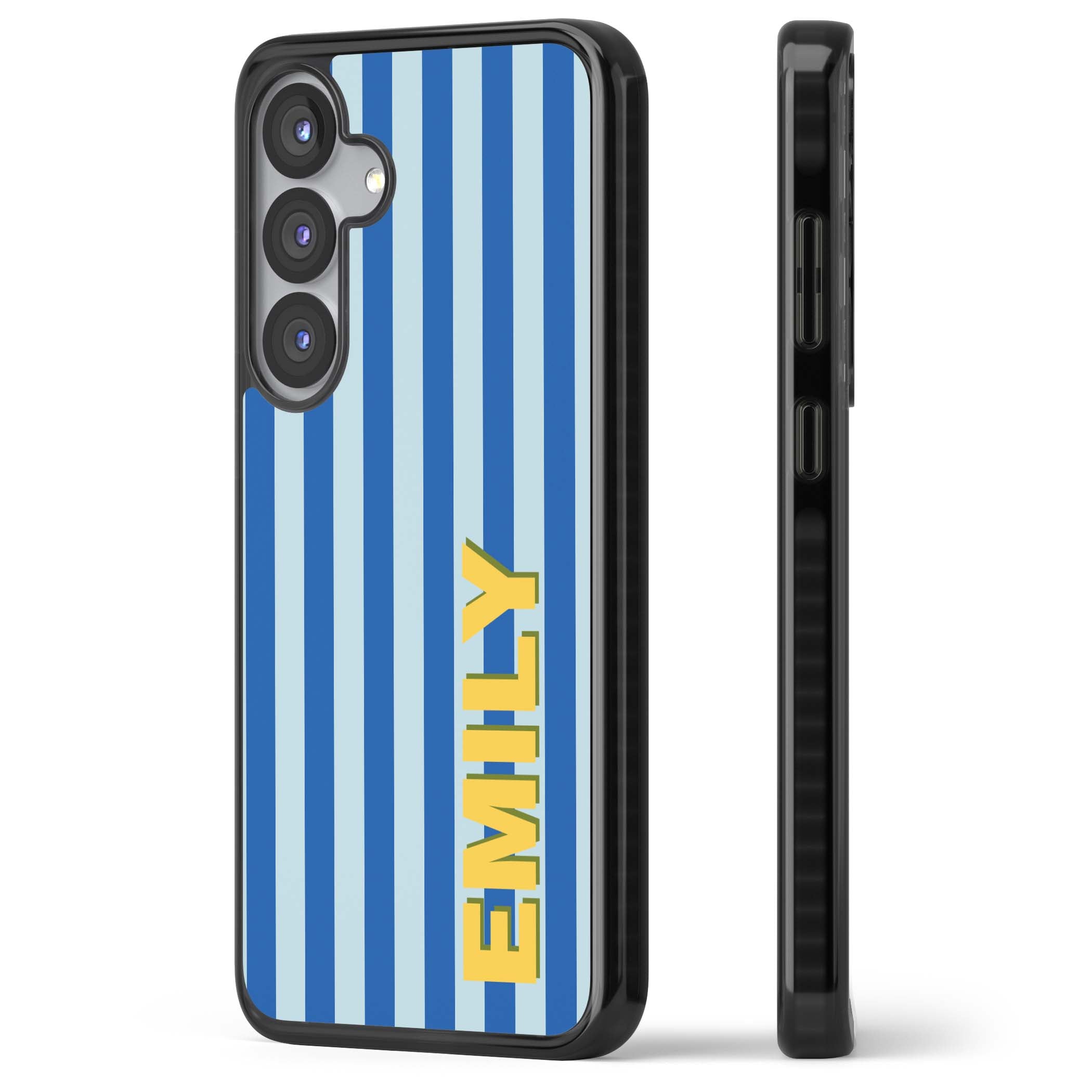 Athenian Stripe personalised preppy iPhone case featuring blue vertical stripes and a custom yellow name | Black Impact case for Samsung Galaxy S25, Samsung Galaxy S25 Plus