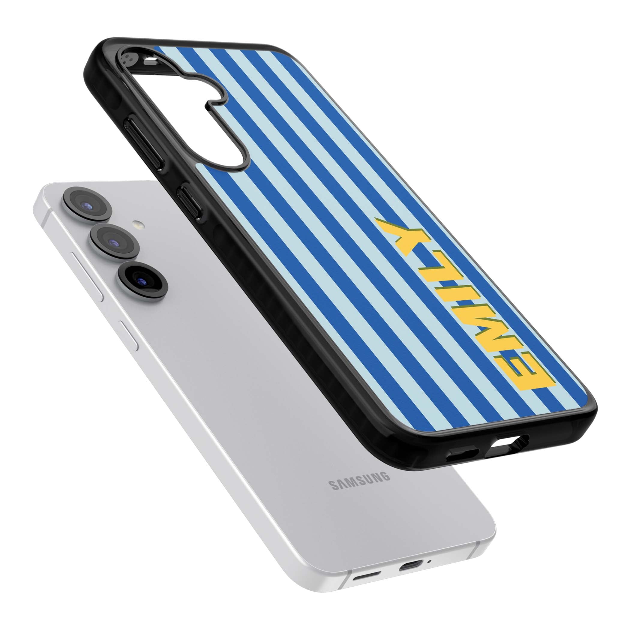 Athenian Stripe personalised preppy iPhone case featuring blue vertical stripes and a custom yellow name | Black Impact case for Samsung Galaxy S25, Samsung Galaxy S25 Plus