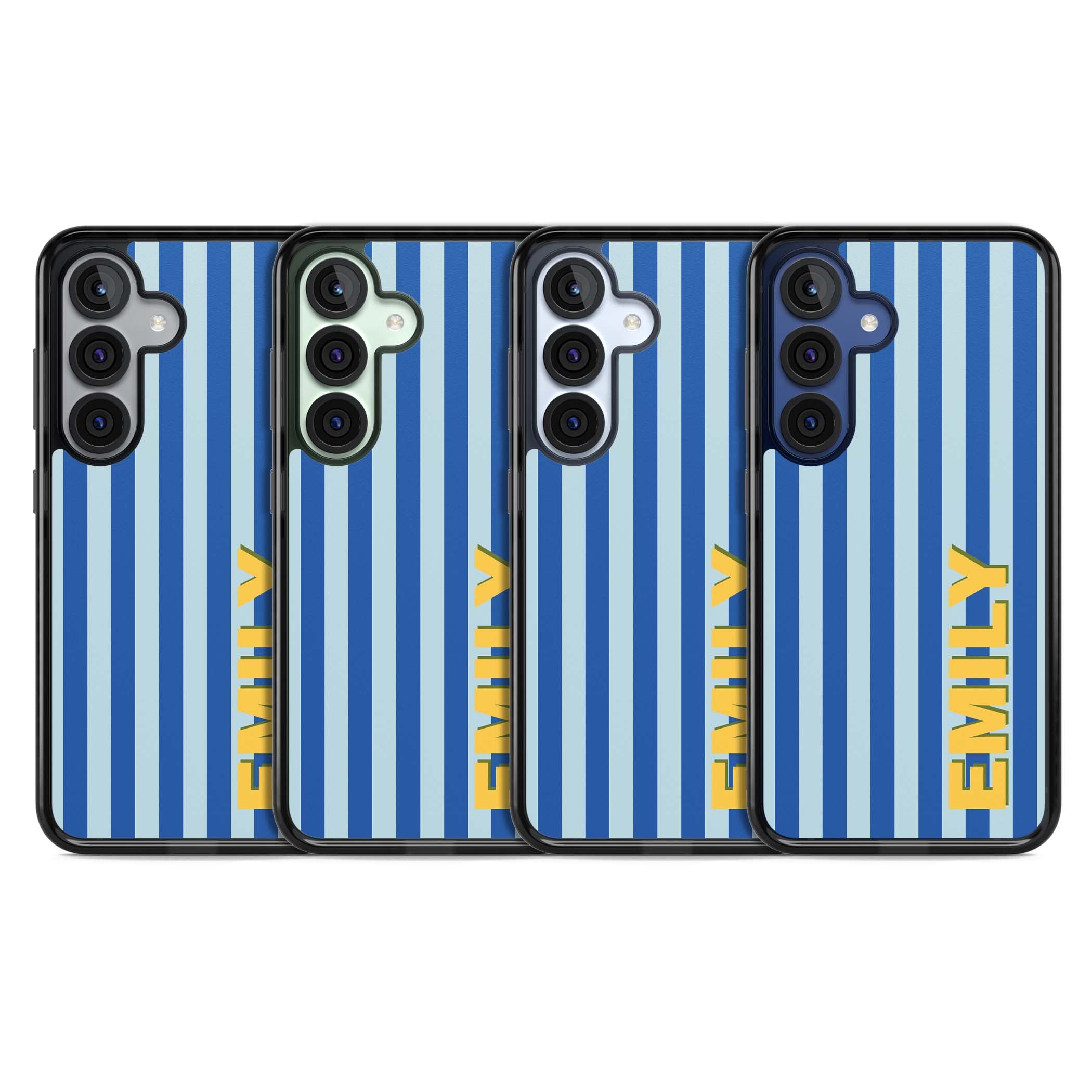 Athenian Stripe personalised preppy iPhone case featuring blue vertical stripes and a custom yellow name | Black Impact case for Samsung Galaxy S25, Samsung Galaxy S25 Plus