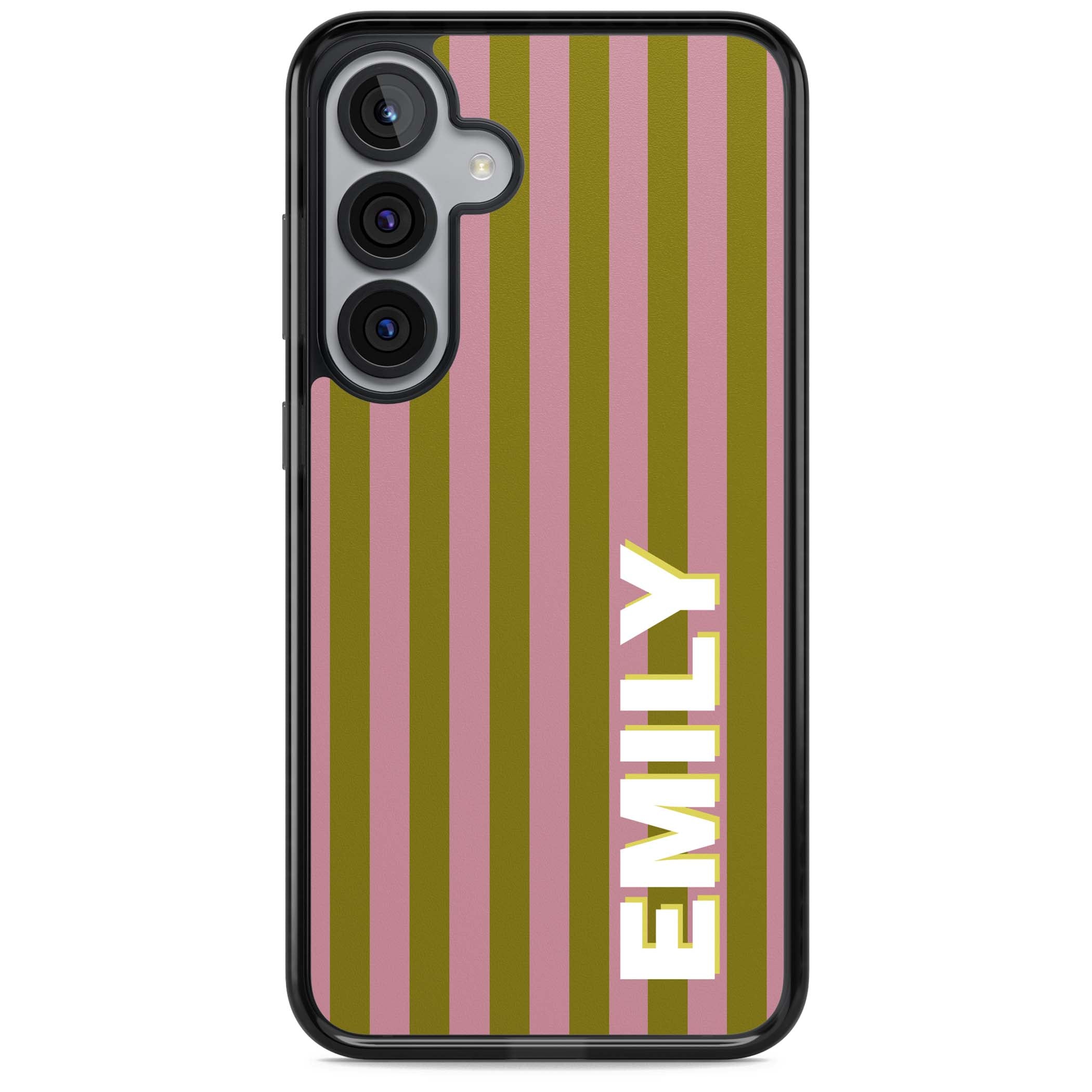 Istanbul Stripe personalised iPhone case featuring pink and olive green vertical stripes with a custom vertical name | Black Impact case for Samsung Galaxy S25, Samsung Galaxy S25 Plus