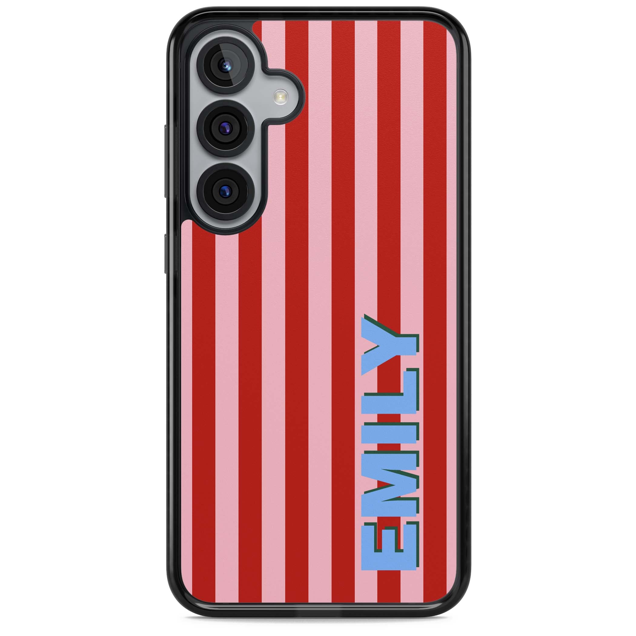 Market Stripe personalised iPhone case with red and pink vertical stripes and custom blue name | Black Impact case for Samsung Galaxy S25, Samsung Galaxy S25 Plus