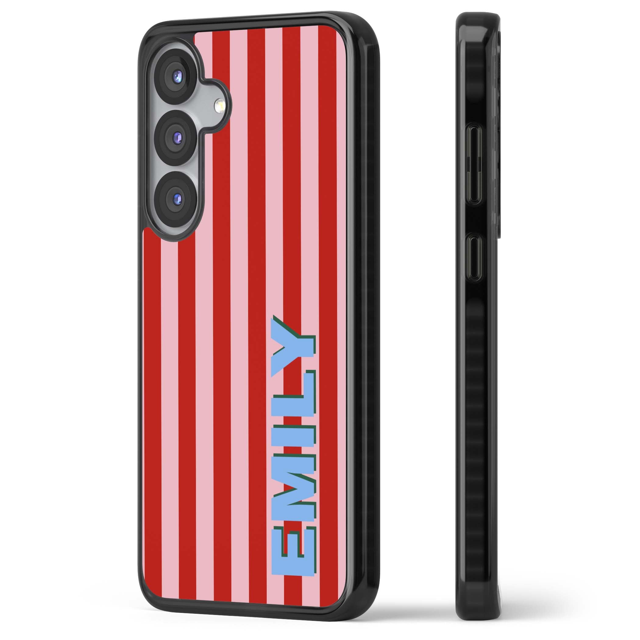 Market Stripe personalised iPhone case with red and pink vertical stripes and custom blue name | Black Impact case for Samsung Galaxy S25, Samsung Galaxy S25 Plus