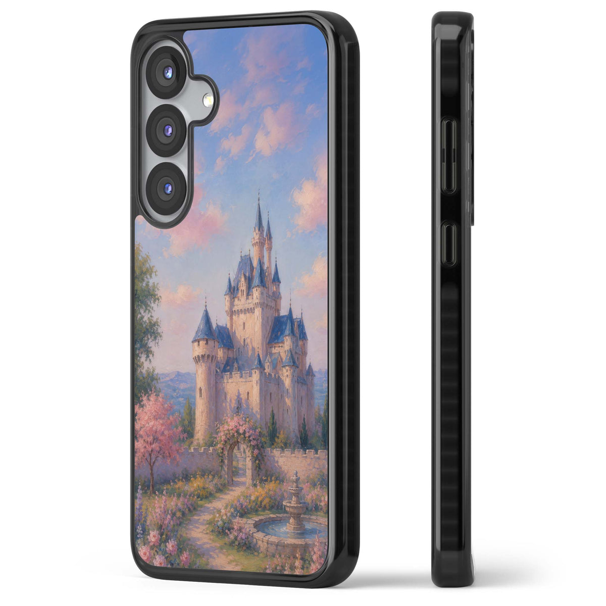 Enchanted Kingdom fairytale iPhone case featuring a romantic castle painting with cherry blossoms and pastel pink sky | Black Impact case for Samsung Galaxy S25, Samsung Galaxy S25 Plus