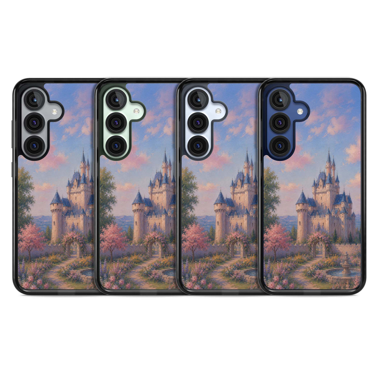 Enchanted Kingdom fairytale iPhone case featuring a romantic castle painting with cherry blossoms and pastel pink sky | Black Impact case for Samsung Galaxy S25, Samsung Galaxy S25 Plus