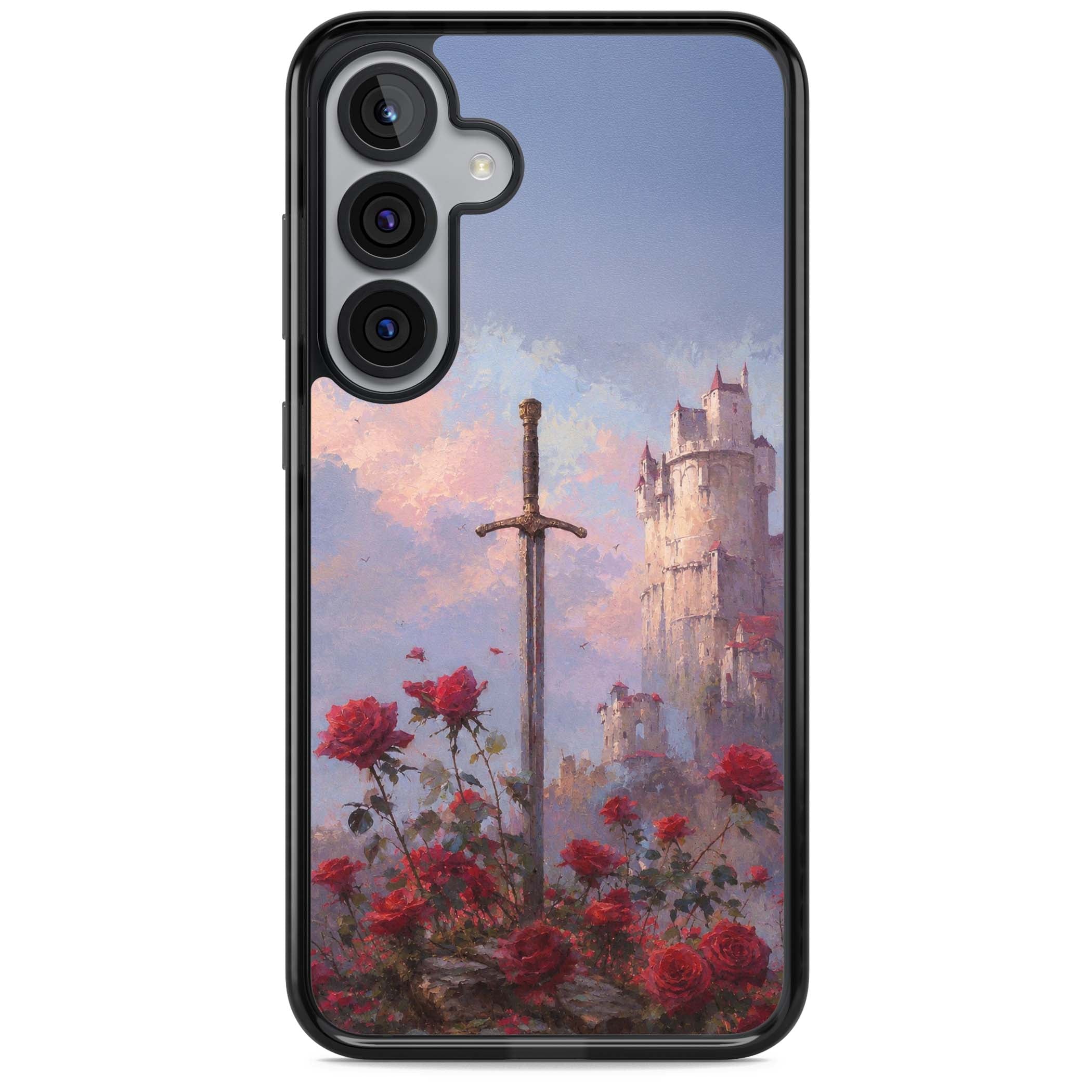 Sword in Roses medieval art iPhone case featuring a sword, red roses, and a misty fairytale castle at sunset | Black Impact case for Samsung Galaxy S25, Samsung Galaxy S25 Plus