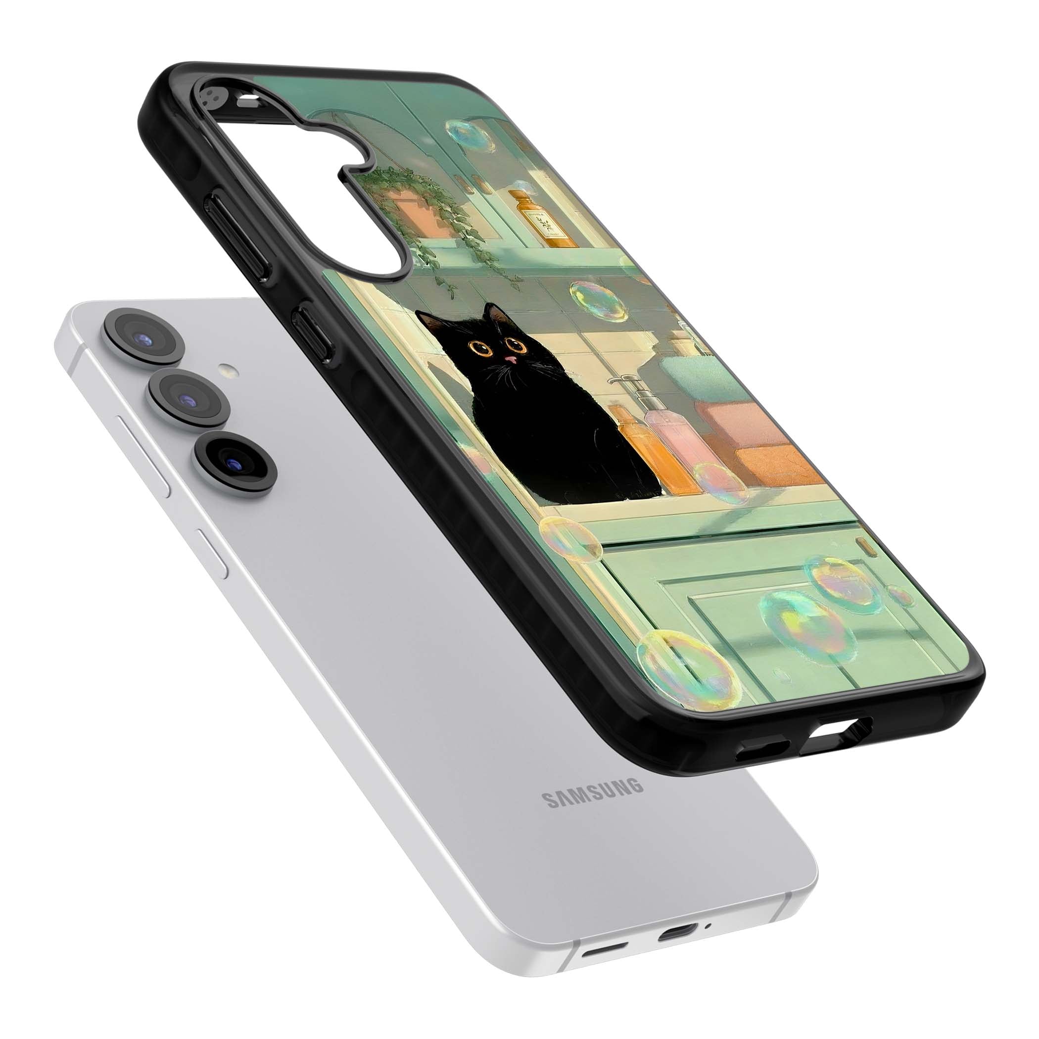 Bathroom Bubble Kitty cottagecore iPhone case featuring a black cat, mint bathroom scene and floating soap bubbles | Black Impact case for Samsung Galaxy S25, Samsung Galaxy S25 Plus