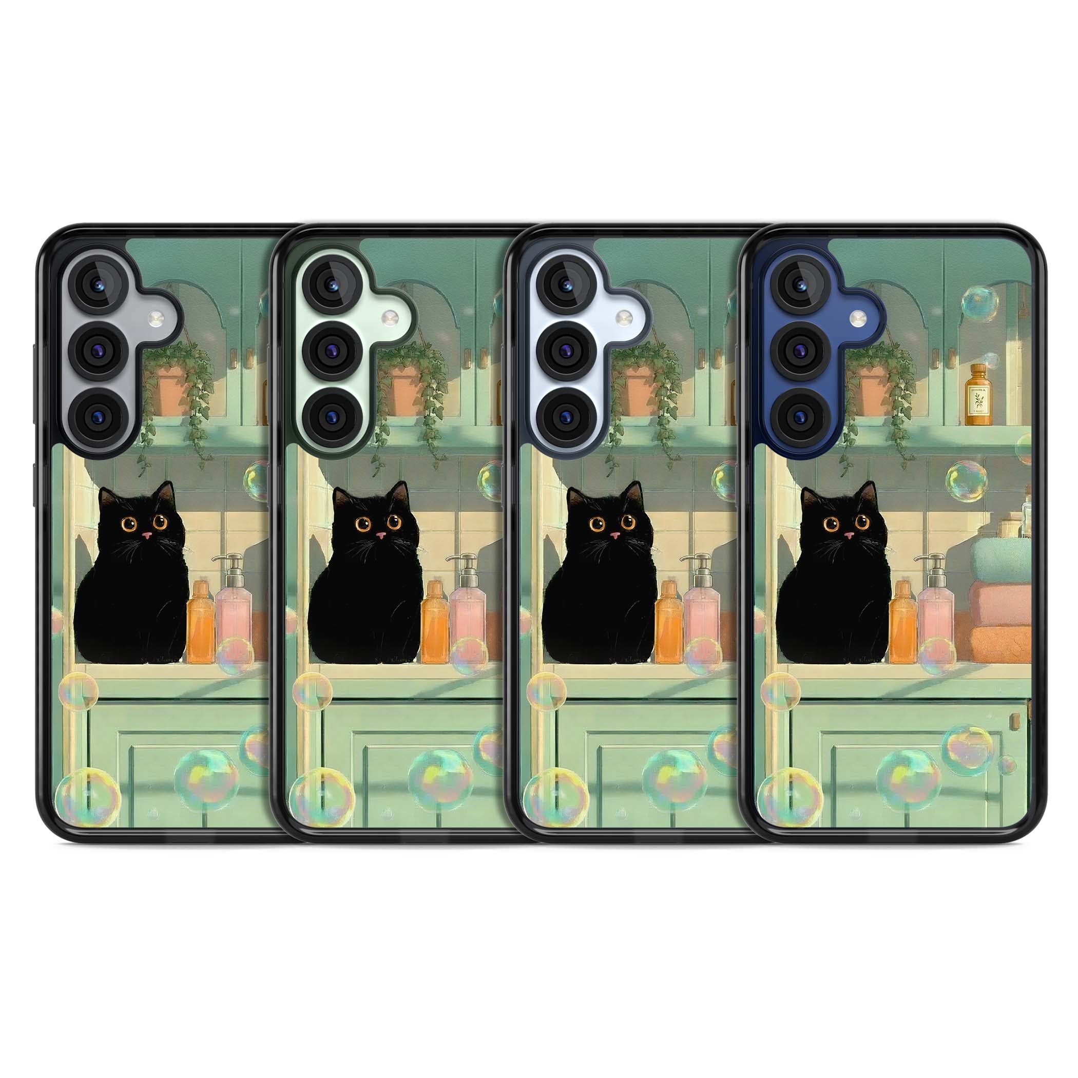 Bathroom Bubble Kitty cottagecore iPhone case featuring a black cat, mint bathroom scene and floating soap bubbles | Black Impact case for Samsung Galaxy S25, Samsung Galaxy S25 Plus